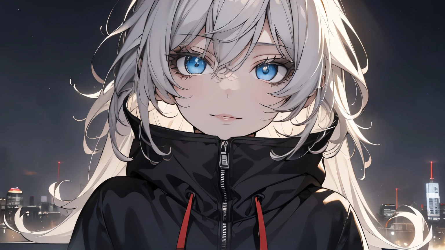 pale tone ,, cool guy, long bangs, hipster girl, skinny girl, Gray Hair, upper body shot, monochrome on Yang, black, hoodie, Background, night city, from side、black clothe、black costume, Also