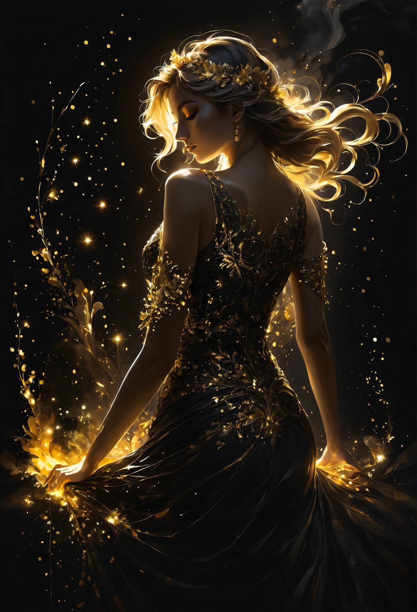 close-up, Shadow art , Beautiful silhouette, woman with lights, side view, White outline on a dark black background, shadows, mysterious , Nikas Safronov Style, Henry Asensio , Studio Ghibli Genshin Impact
золотые узоры, golden and black spirit, liquid gold explosion, golden smoke of magic , stardust , golden milky road , black background, magic fog, alcohol ink , nude,