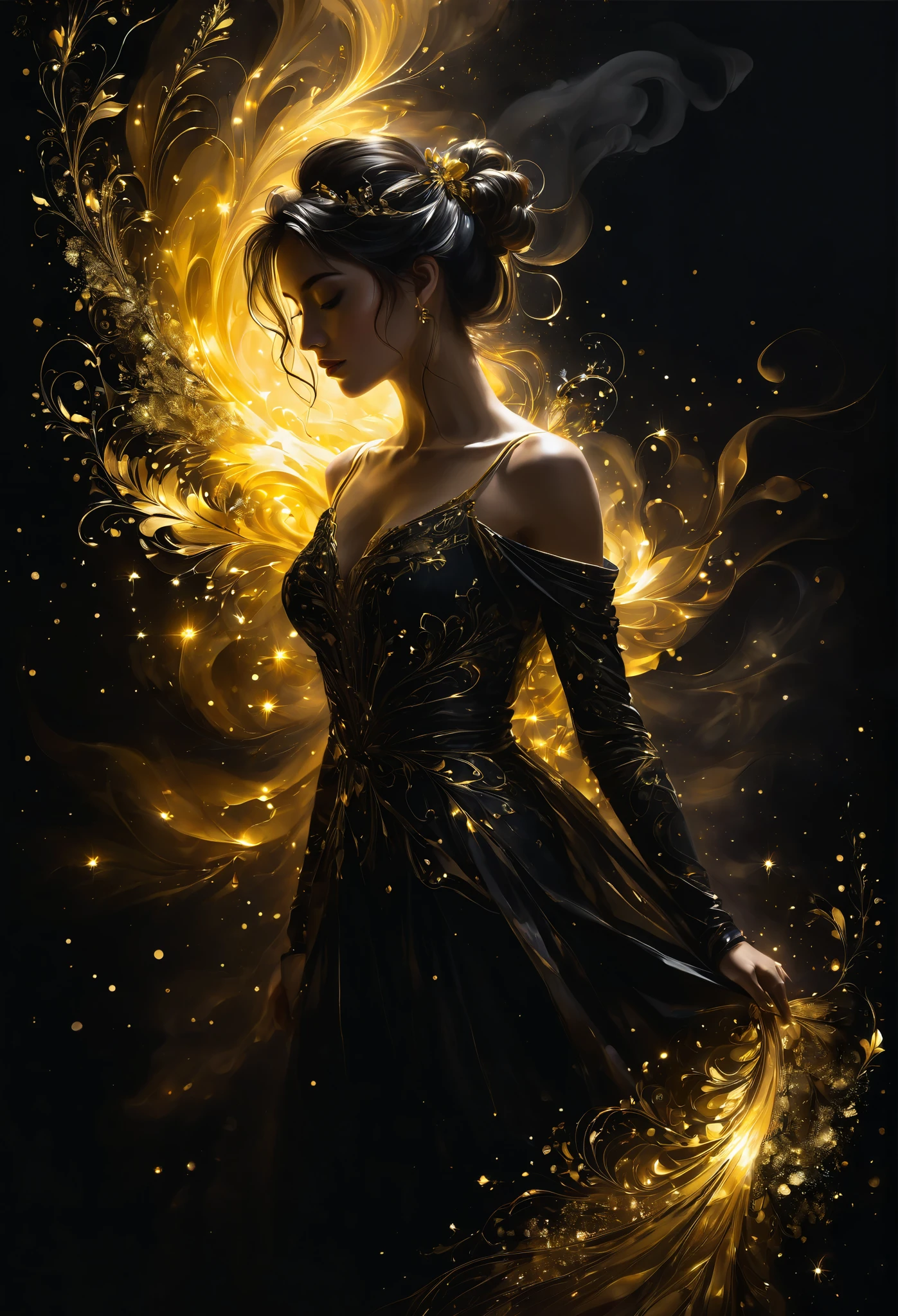 close-up,  Shadow art , Beautiful silhouette, woman with lights,  side view, White outline on a dark black background, shadows,  mysterious , Nikas Safronov Style, Henry Asensio , Studio Ghibli Genshin Impact
золотые узоры, golden and black spirit, liquid gold explosion, golden smoke of magic ,  stardust ,  golden milky road ,  black background, magic fog,  alcohol ink , nude,
