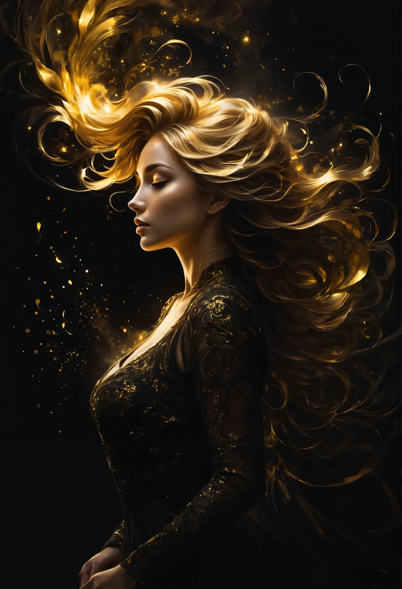 close-up,  Shadow art , Beautiful silhouette, woman with lights,  side view, White outline on a dark black background, shadows,  mysterious , Nikas Safronov Style, Henry Asensio , Studio Ghibli Genshin Impact
золотые узоры, golden and black spirit, liquid gold explosion, golden smoke of magic ,  stardust ,  golden milky road ,  black background, magic fog,  alcohol ink , nude,