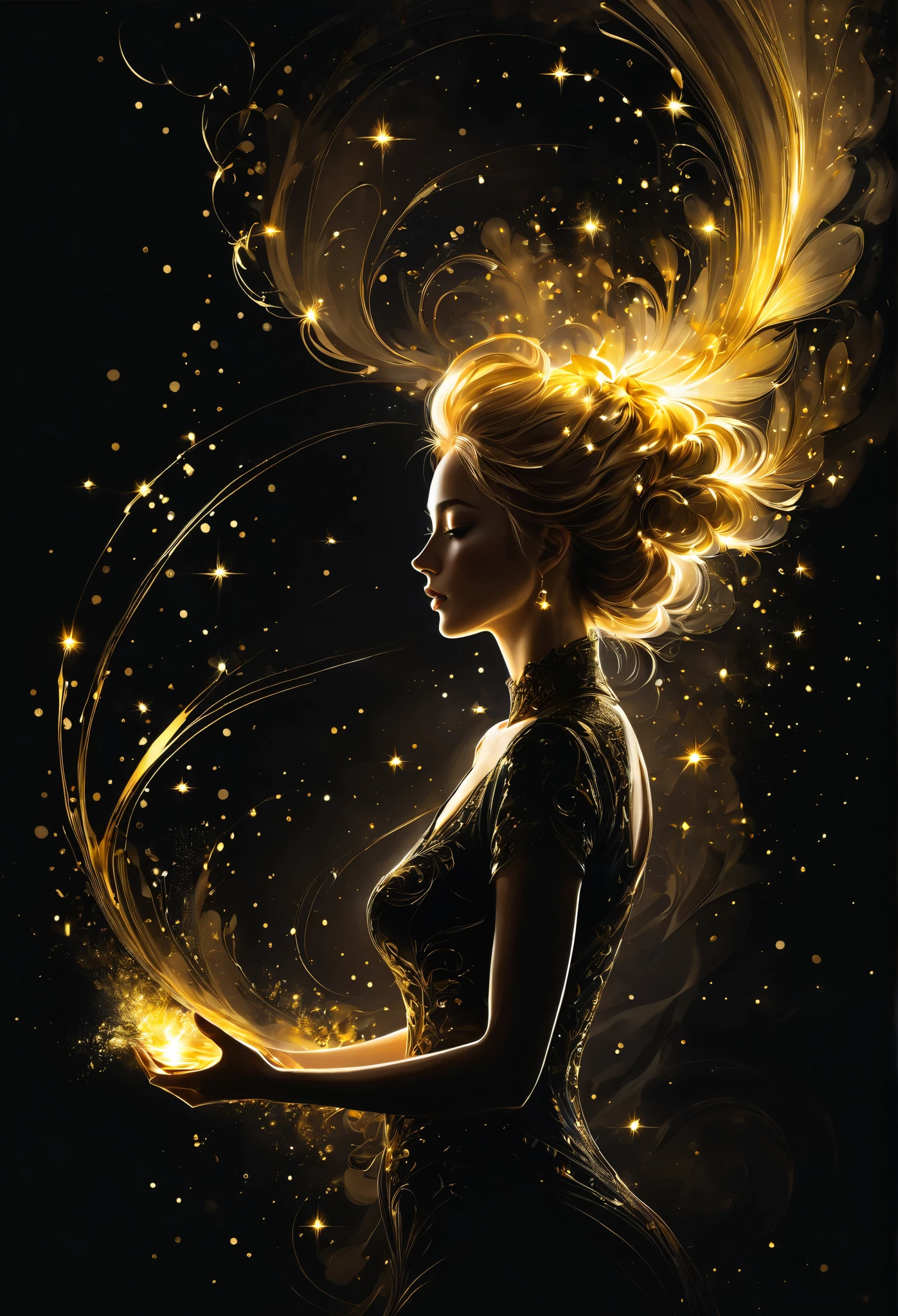 close-up,  Shadow art , Beautiful silhouette, woman with lights,  side view, White outline on a dark black background, shadows,  mysterious , Nikas Safronov Style, Henry Asensio , Studio Ghibli Genshin Impact
золотые узоры, golden and black spirit, liquid gold explosion, golden smoke of magic ,  stardust ,  golden milky road ,  black background, magic fog,  alcohol ink , nude,