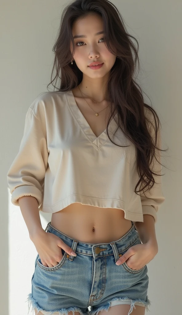 Highest quality, shape, Very detailed, finely, High resolution, 8k wallpaper, 完璧なダイナミックな構shape, Beautiful and exquisite, Natural Lip, whole body, Navel exposure, front,Nipples、bangs、University classroom、White short-sleeved blouse、Pleated skirt、Brown Hair、(((Nipplesはピンク色)))、(((Thighs)))、The correct five fingers、Looking into the camera