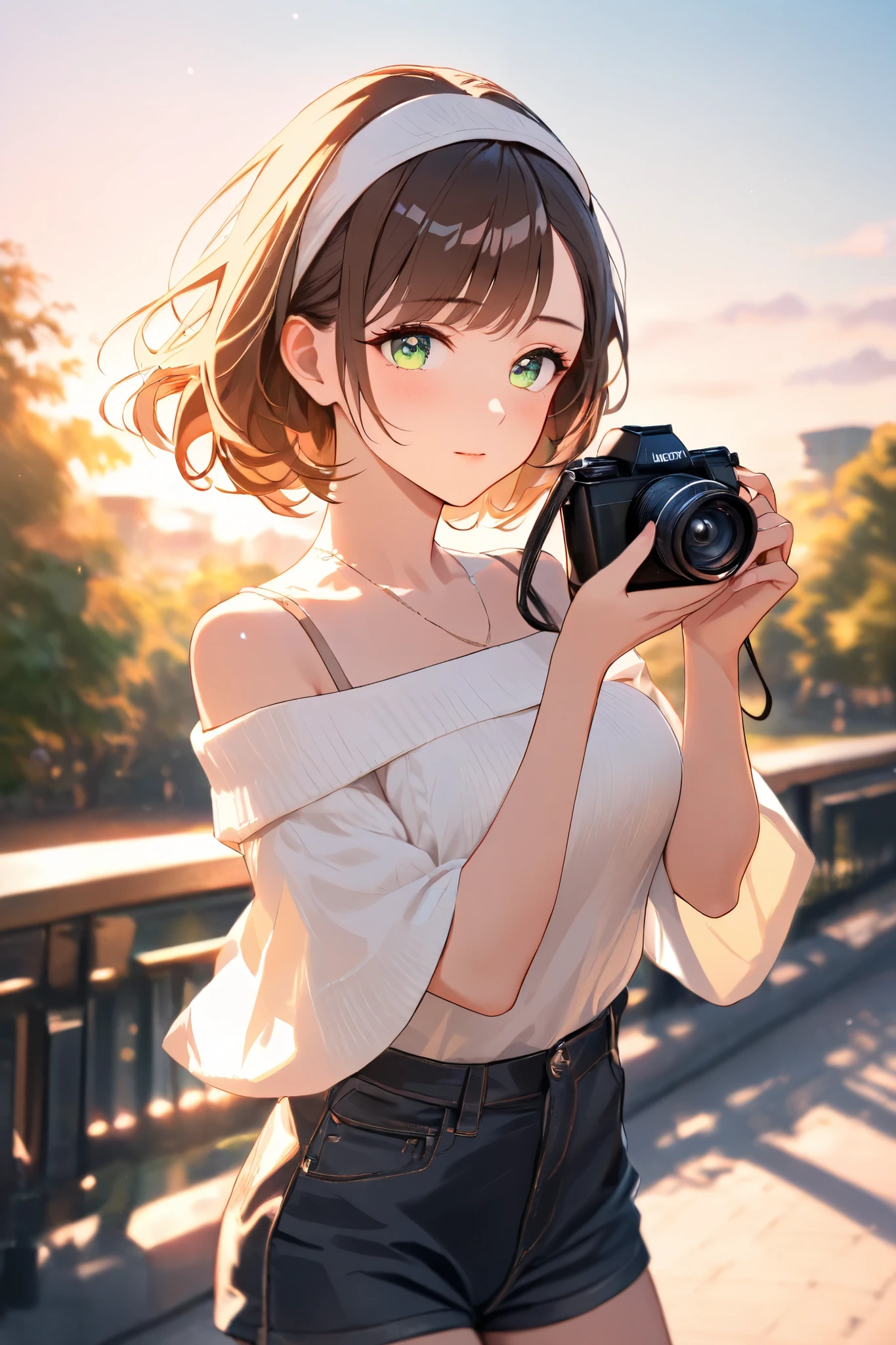 masterpiece, best quality, detailed face, 1 girl, solo, beautiful, modest chest, slender body, mature, light makeup, adorable, sharp eyes, closed mouth, short hair, brown hair, side bangs, short tidy bang, vibrant green eyes, white headband, white off shoulder sweater top, short pants, Outdoor background, park, outside town, holding camera, sunset, depth of field, bloom, soft lighting,