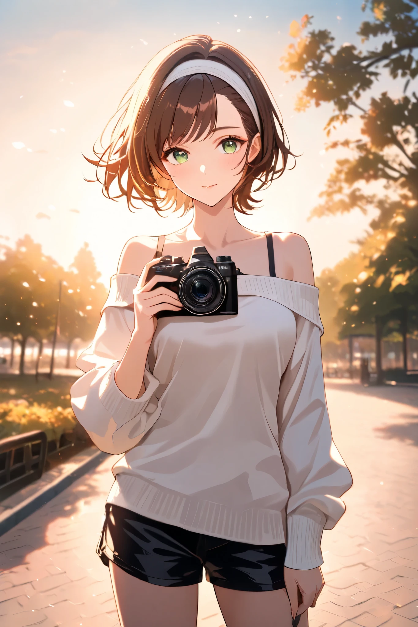 masterpiece, best quality, detailed face, 1 girl, solo, beautiful, modest chest, slender body, mature, light makeup, adorable, sharp eyes, closed mouth, short hair, brown hair, side bangs, short tidy bang, vibrant green eyes, white headband, white off shoulder sweater top, short pants, Outdoor background, park, outside town, holding camera, sunset, depth of field, bloom, soft lighting,