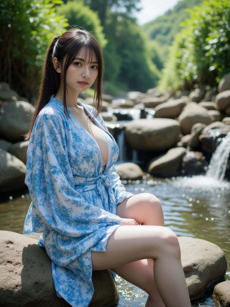 One super beautiful beautiful Korean woman,muste piece, best quality, Super detailed, fine details, High resolution, In 8K, ((photorealistic:1.4, Live shooting, 超High resolution,Highest image quality: 1.4)), ((Super Korean idol-class beauty:1.3)), (face is round and small), (((The nose is symmetrical and narrow:1.4))),(The ratio of the transcendental nose is symmetrical and small and high.),wall paper, ((1 with perfect full body composition.5)), beautiful detailed eyes, natural color lip, ((gentle smile:1.5)), ((Random and cute bangs see-through hairstyle)), ((yukata:1.5)), ((big breast size:1.7、cleavage:1.1)), ((Wear random and cute skirts:1.5)), ((Only one mole just above the tear bag:1.2)),((River in the background:1.4)), ((random happy expression)),Highly detailed and natural lighting)),((I can see my thighs:1.5)),Looks like a random little devil:1.3