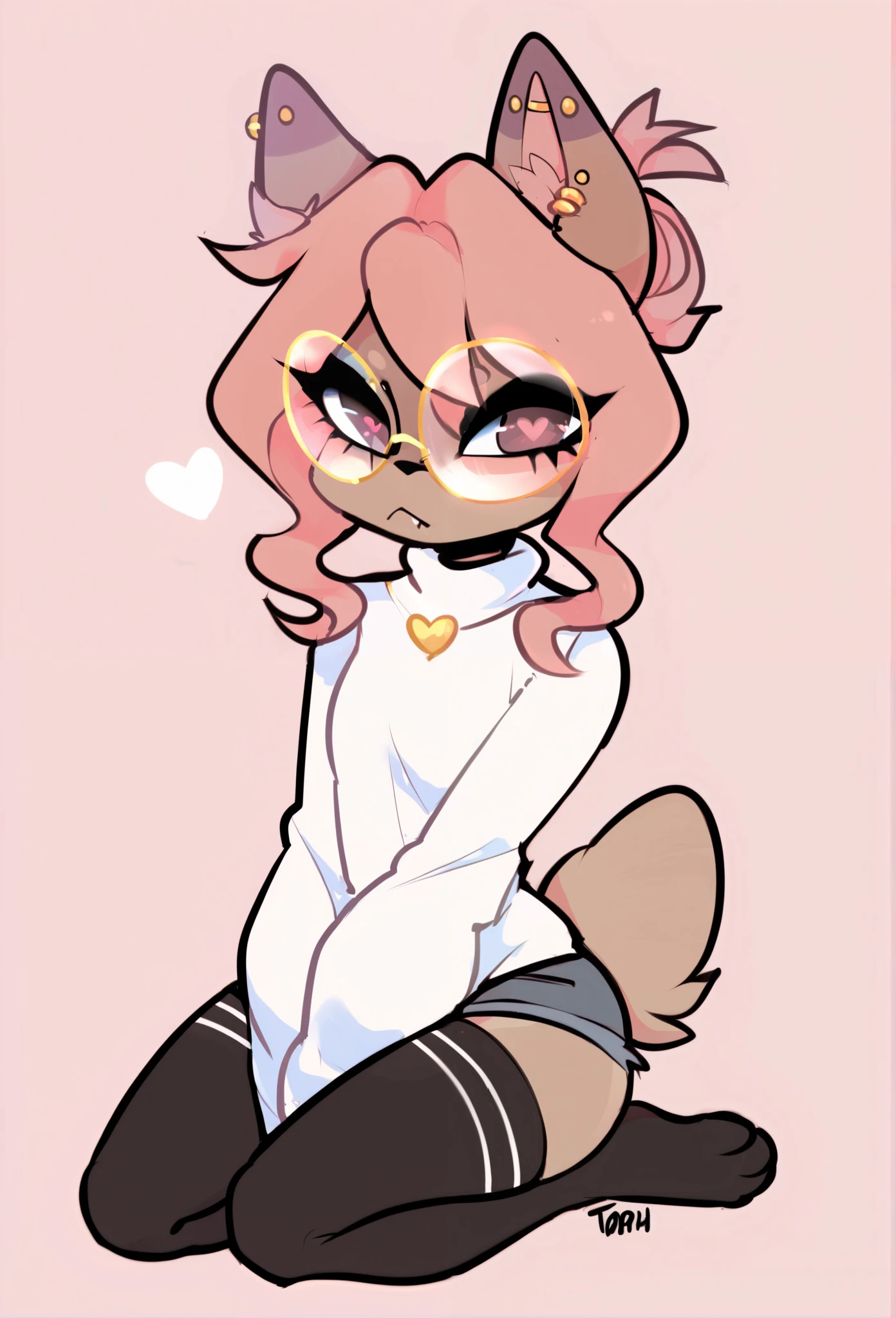(score_9, score_8_up), score_7_up, score_6_up, score_5_up, score_4_up, Hazel Typh, 1cat, best quality, furry, brown fur, pink hair, animal ears, gold piercing, heart-shaped pupils, animal nose, pink eyes, hair bun, long tail, expressionless, closed mouth, fangs, puffy sleeves, kneeling, on knees, pink background, looking at viewer, round glasses, beautiful and detailed, man (((genderless))) ((anthro)) cat, (Averi, cat boy), by waspsalad, by phluks, by zero-sum, cat, (anthro, fluffy fur, character focus:1.1), anthro cat, body fur, nice, cute, digital drawing, (half-closed eyes), big eyes, sweater, short shorts, thigh highs, stockings, (hi res), ((masterpiece)), ((best quality)), Cat, gernderless cat, clean sketch, anthropomorphic cat, fursona, sharp teeth, big ears, smooth hair, smooth fur, long eyelashes, makeup, thin, chubby face, flat chest, no bulge, no cock, no , no gender