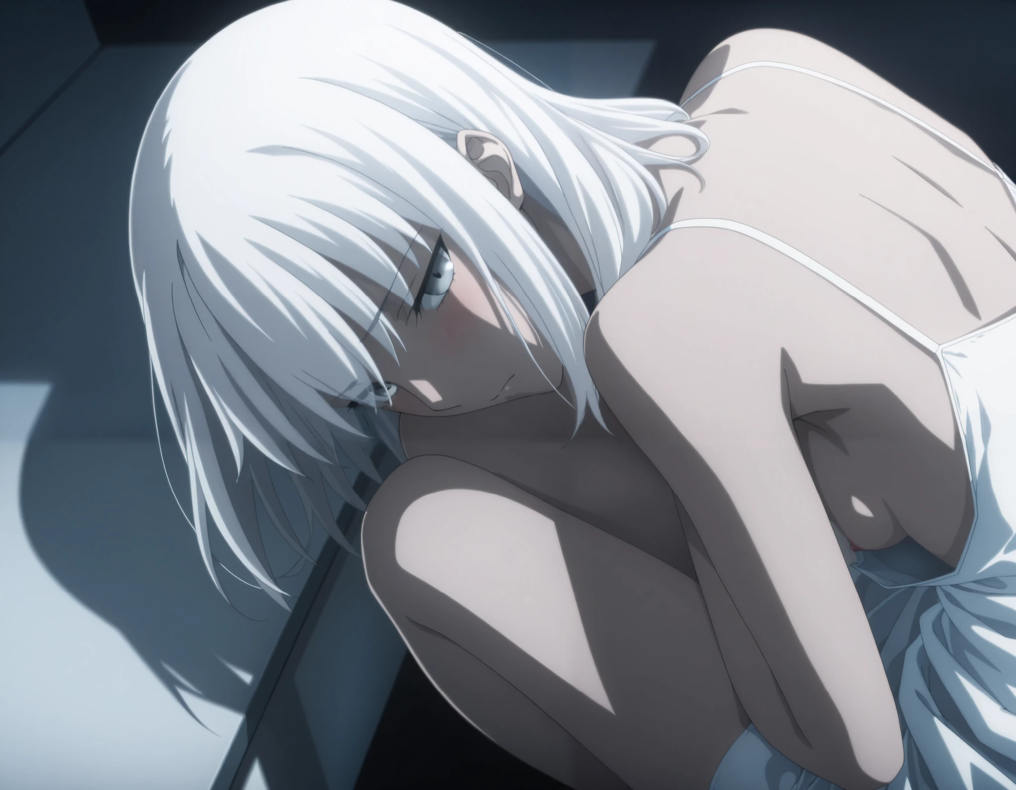 masterpiece, best quality, amazing quality, highres, absurdres, very aesthetic, high resolution, ultra detailed, perfect details, midnight, , indoors, ufotable style, (from above, from back), blue hour,
1girl, ufotable style, anime style, (anime coloring:1.5), (anime screencap:1.2) ,(aged up),
girl, mature, slim body, slender body, ,Fate Grand Order, fate, Fate Grand Order, medium hair, gray eyes, half eyes closed, white hair, pale skin, (straight hair), fetal position, sitting, , (knees to chest),
(show off nipple), sundress pull, white satin panties, small breast, (looking at viewer), expressionless, (embarrassed),
