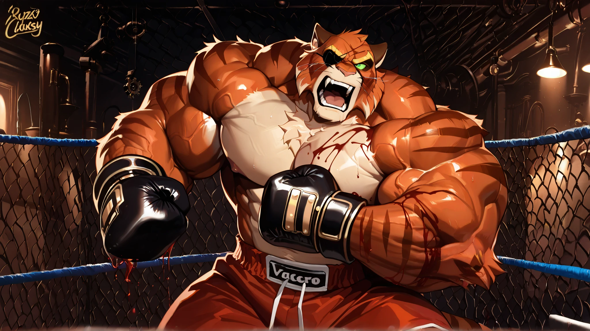 solo, hyper muscular furry (viktor vasco, Viktor[lackadaisy], Viktor Vasko[lackadaisy], black eyepatch, orange fur, orange body, yellow pattern, cream pattern, 1920s styled clothing, stripes, green eyes, large eyebrows, eyebrows, yellow eyebrows.), pectoral, open mouth, red shorts, gloves boxing, boxing gym, steampunk, bleeding , blood, nipples,  angry, detailed, shirtless, masterpiece, semirealistic:1.2, high detailed, 8k, high resolution