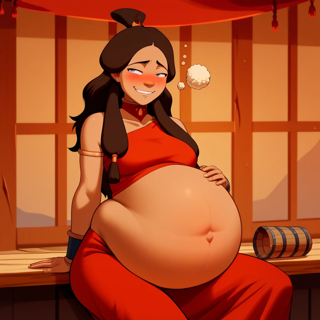 score_9, score_8_up, score_7_up, score_6_up, score_5_up, score_4_up, rating_questionable, KataraFire, sexy pose, ((belly stuffed)), ((huge belly)), ((Very drunk)), ((staggers)), (tight red clothes) ,dark skin, shy smile