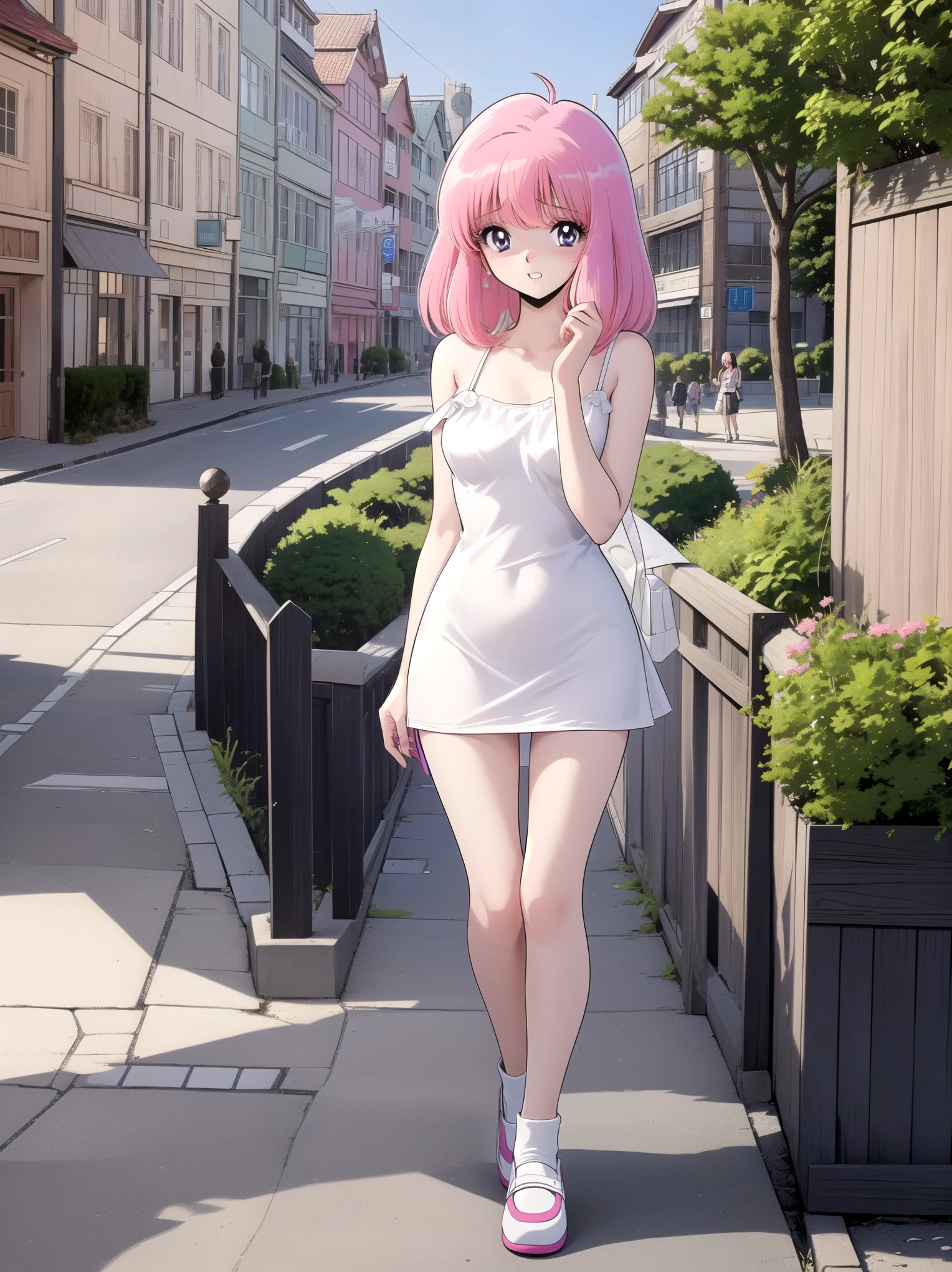 Nakajima Noriko, pink hair near MM, medium hair, purple eyes, medium chest
plaid shirt, skirts
masterpieces, best quality, ultra- details, details, details skin, Absard Dress, 8k, digital art
1 girl, Alone, Face it, (:1.2), is embarrassing, standing, viewer
(outdoor, Park, town, building, tree, flower bed, ãã©ã¹ , Bush, street, Stone floor)