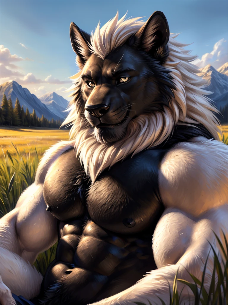 "Masterpiece, Cool Pose, Furry werewolf, werewolf, furry body, anthro orange werewolf, (monotone orange fur:1.3), male, black beard, white chest fur, adult, (heavily muscular, manly, brutal, masculine:1.4), Casual Set, Fierce, Good looking, Smirking, Breeze wind, Comfortable, Looking To Back, werewolf back, look at  Sitting In Grass, High Ground, Sunset, Hill Background, (by Taran Fiddler, by Chunie, by Rukis, Bonifasko lighting), best posture, claws on hands, (photorealistic fur, detailed fur, epic, masterpiece:1.2), sexy shadows, (by echin, by Taran Fiddler, by takemoto arashi, by Traver009, by Juiceps), (detailed eyes:1.2), impressive physique, Focus on the back