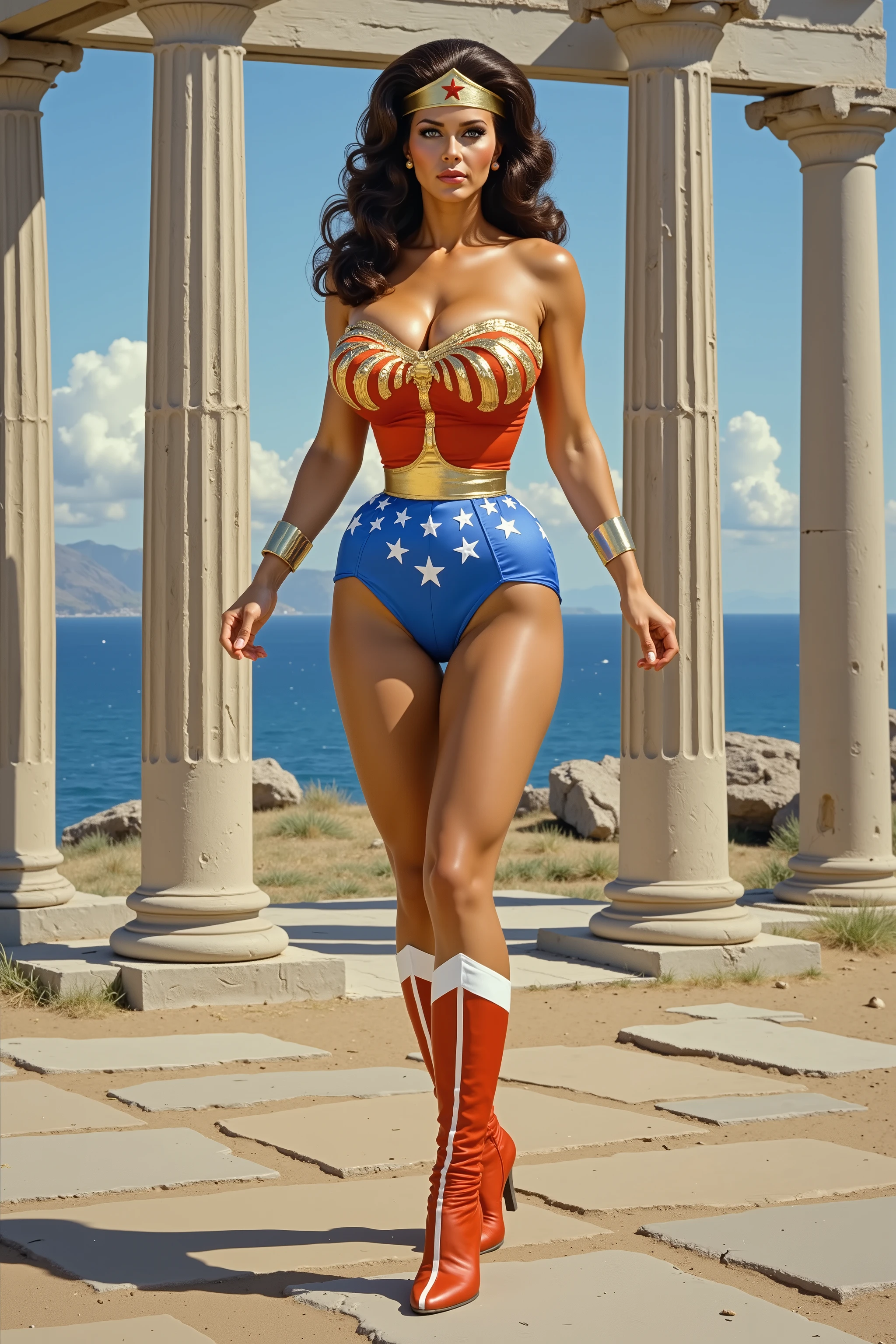 ((oil painting:1.1)) of SEXY LYNDA CARTER AS THE ICONIC 1960 WONDER WOMAN, WEARING A SPANDEX WONDER WOMAN COSTUME, SPANDEX PATRIOTIC BLUE shorts. , RED WONDER WOMAN BOOTS. CRYSTAL CLEAR ART, CELAN CRISP ART, 4K, 8K, MILLIONS OF TEXTURES, alexross style, heroic pose, bubble butt, drewstruzan style,Dutch Angle, big round ass, at an old greek temple near a sea, low back angle, ass focus, narrow waist, fit bimbo body