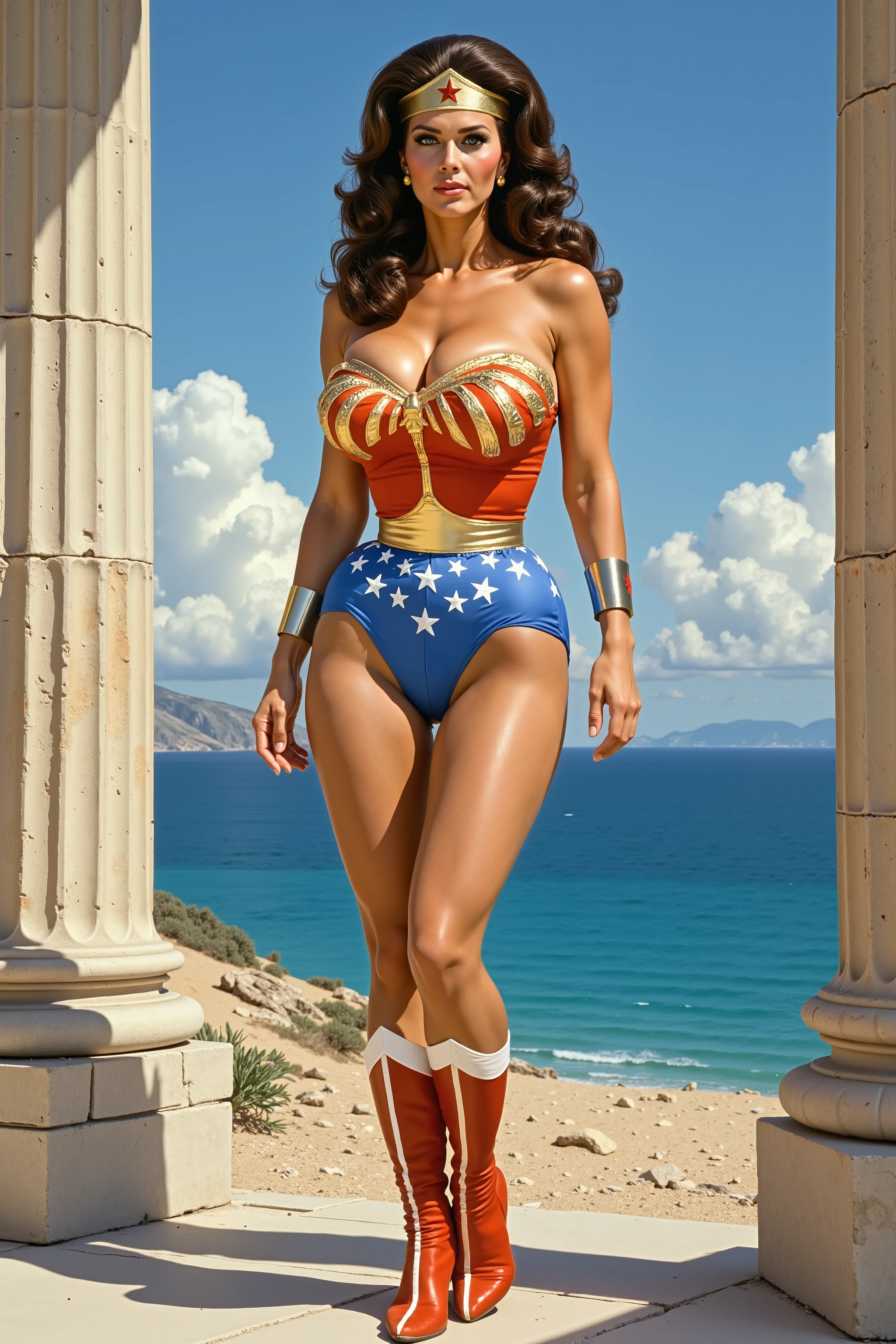((oil painting:1.1)) of SEXY LYNDA CARTER AS THE ICONIC 1960 WONDER WOMAN, WEARING A SPANDEX WONDER WOMAN COSTUME, SPANDEX PATRIOTIC BLUE shorts. , RED WONDER WOMAN BOOTS. CRYSTAL CLEAR ART, CELAN CRISP ART, 4K, 8K, MILLIONS OF TEXTURES, alexross style, heroic pose, bubble butt, drewstruzan style,Dutch Angle, big round ass, at an old greek temple near a sea, low back angle, ass focus, narrow waist, fit bimbo body