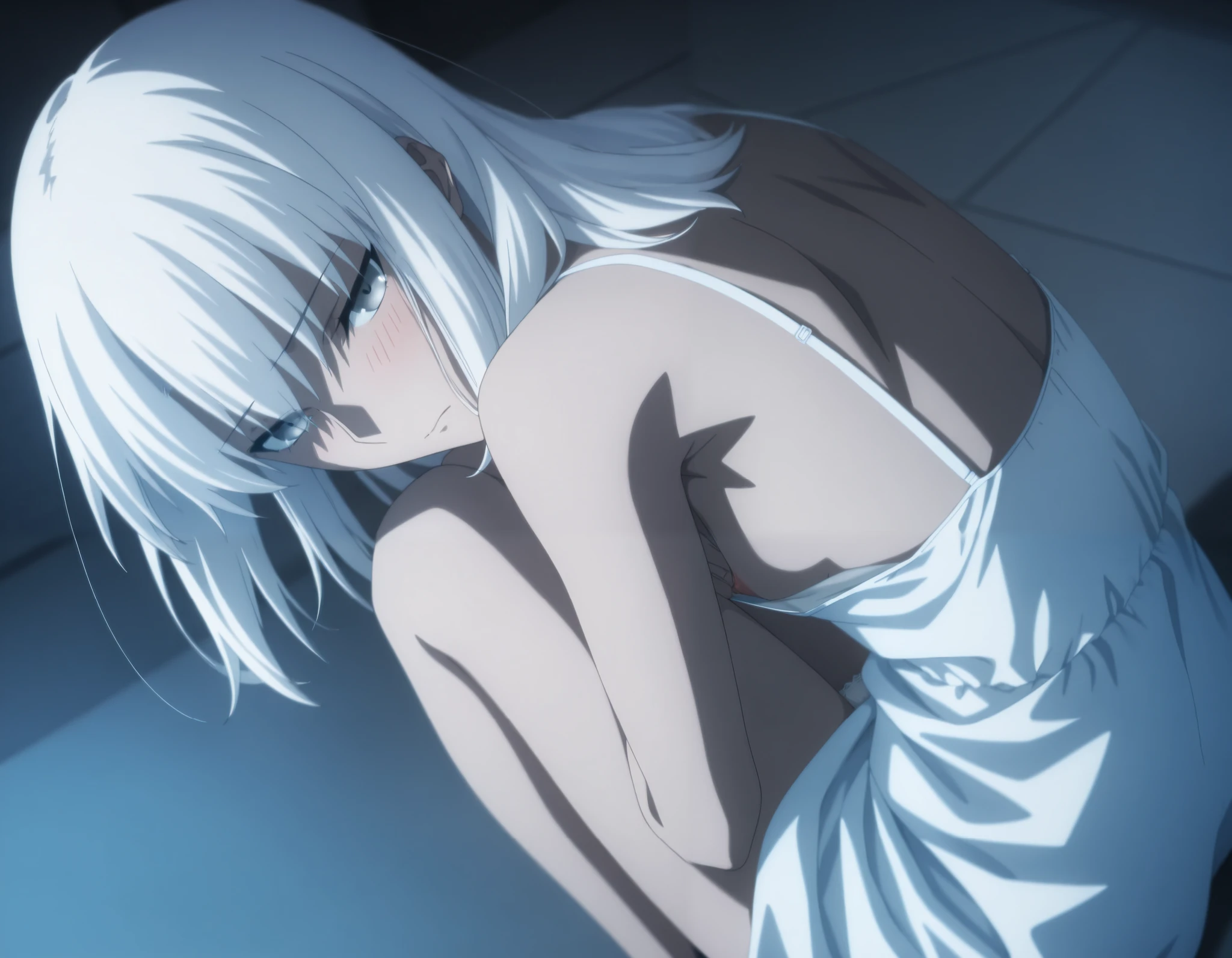 masterpiece, best quality, amazing quality, highres, absurdres, very aesthetic, high resolution, ultra detailed, perfect details, midnight, , indoors, ufotable style, (from above, from back), blue hour,
1girl, ufotable style, anime style, (anime coloring:1.5), (anime screencap:1.2) ,(aged up),
girl, mature, slim body, slender body, ,Fate Grand Order, fate, Fate Grand Order, medium hair, gray eyes, half eyes closed, white hair, pale skin, (straight hair), fetal position, sitting, , (knees to chest),
(show off nipple), sundress pull, white satin panties, small breast, (looking at viewer), expressionless, (embarrassed),