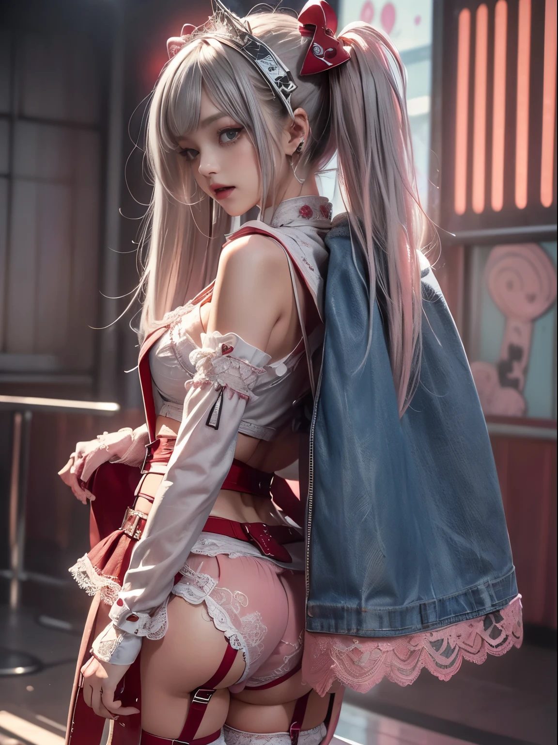 ( full body view:1.2)、(side view:1.1)、(teeth and laugh:1.3),(Shibuya Gal:1.5)、(Hostess:1.4)、(Gothic ta Fashion :1.5)、( punk rock visual:1.3)、( Futuristic Babydoll Decorated in White, Pink, and Denim:1.5)、(Burgundy and Red Delicate Hoodie :1.5)、(red garter belt around the butt:1.5)、(Magenta, light blue and red bodysuit and miniskirt :1.4)、( heart-shaped silver accessory :1.5)、(Brown Skin Belt:1.4)、(red high heels:1.4)、(Luxurious Sugar Lace Underwear :1.4)、28 years old、NSFW,((highest quality、In 8K、masterpiece:1.3))、Sharp focus:1.2、( layer cut 、beautiful boobs:1.1), beautiful woman with perfect body:1.4、(A futuristic babydoll decorated in white, pink, and denim in a race queen pose :1.3)、 slender abs:1.2、Butt、very detailed face and skin texture、detailed eyes、double eyelids,(twin tails:1.3)、(Platinum and Cream Hair :1.3)、Obscene、Gravure Idol、( The background is a Showa disco hall stage:1.3)、(Make your legs thinner:1.4)、(Thin thighs:1.4)、(Slim body:1.3)、(collarbone:1.1)