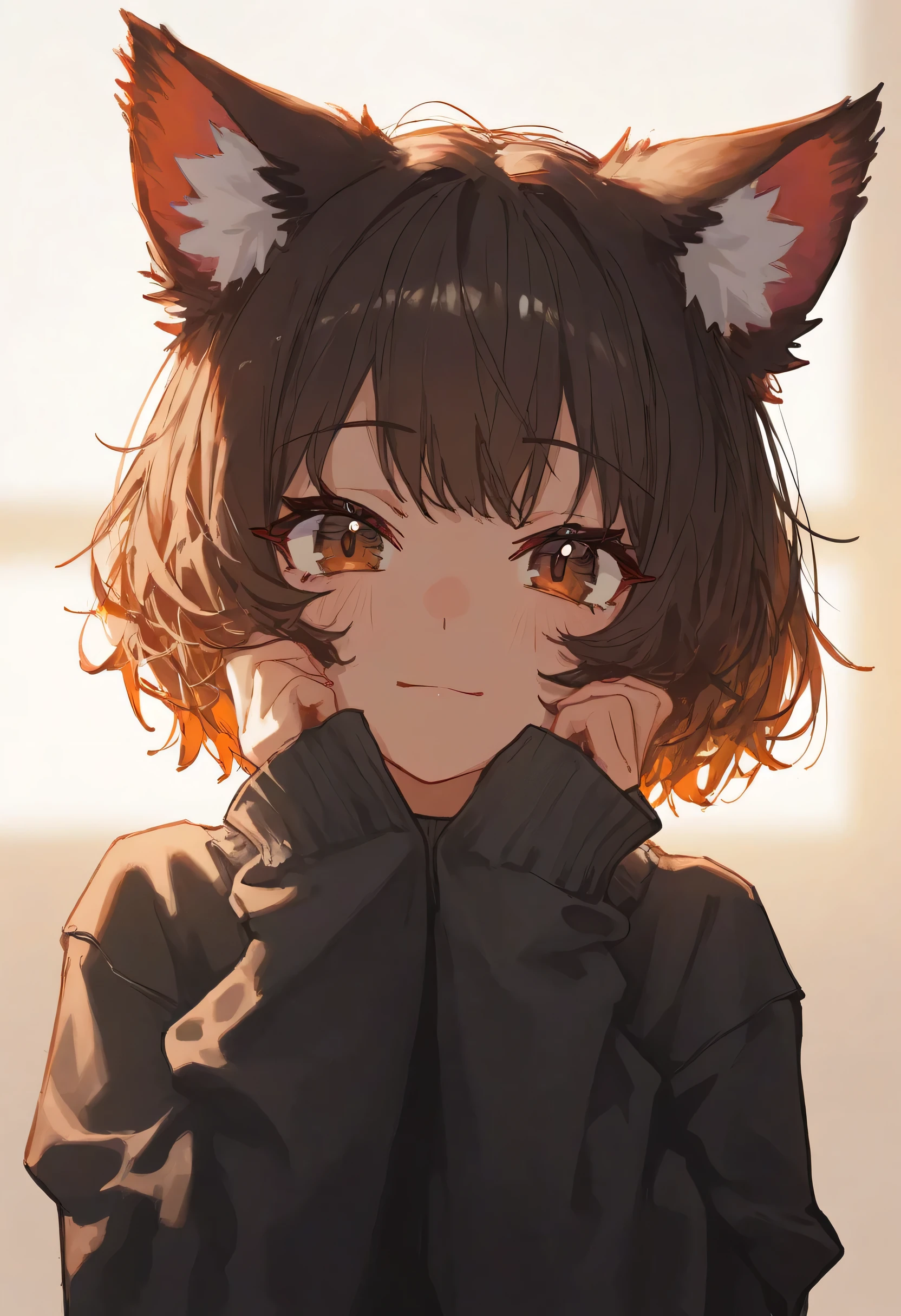aruhshura, detailed eyes, animal ears, brown hair, brown eyes, oversized clothing, cute face, hands on cheeks, fluffy ears, soft lighting, cozy atmosphere, looking at viewer, warm color palette, glistening detailed hair, soft lighting, high detail