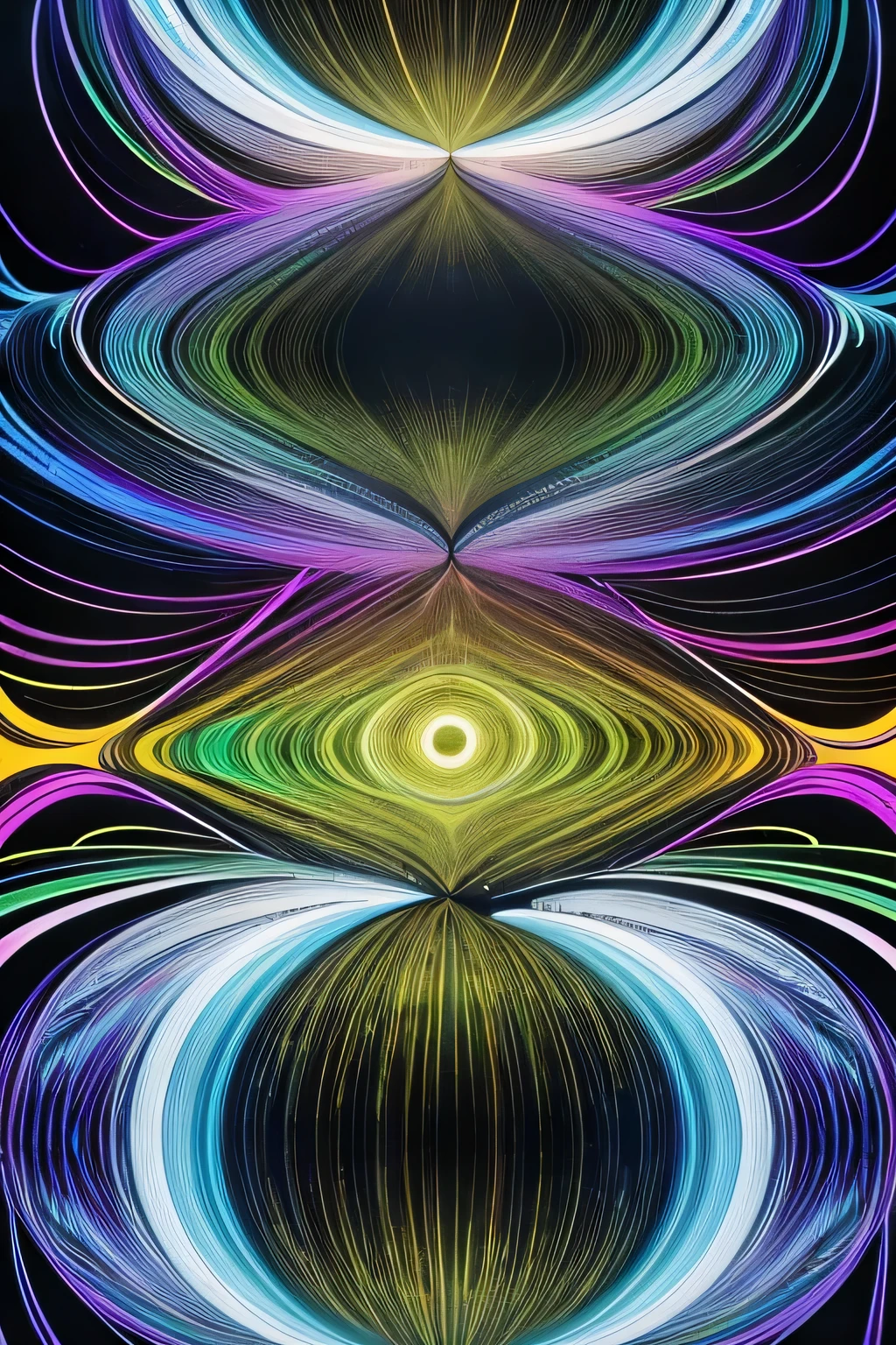 Create a glitch art masterpiece inspired by moiré patterns, blending digital chaos with mesmerizing visual interference. Picture a scene where layers of intersecting lines and shapes create hypnotic ripples and undulations, evoking a sense of digital disruption and distortion. Integrate elements like overlapping grids, rotating circles, and vibrating stripes to enhance the moiré effect, giving the impression of dynamic movement within a static image. Play with contrasting colors and gradients to intensify the visual impact, adding depth and dimension to the artwork. Let the moiré patterns dance and weave, blurring the boundaries between order and disorder in a captivating digital symphony.