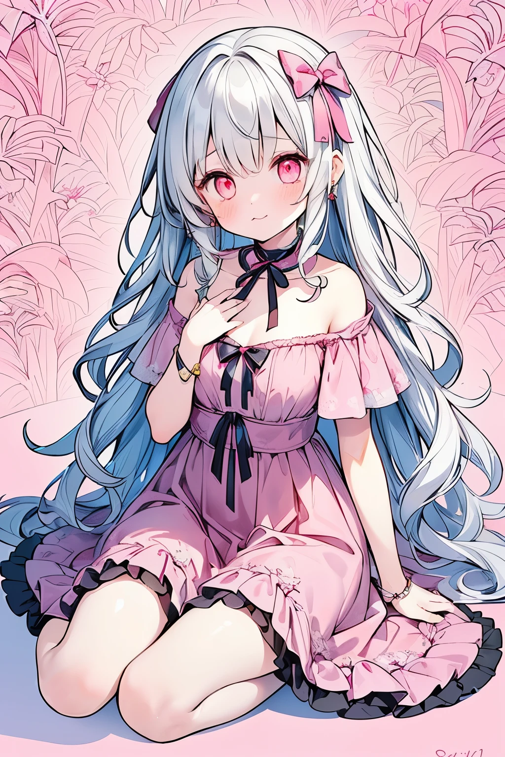 Beautiful illustrations, highest quality, pretty girl, Bedroom, pastel colour, Fluffy bunny ears, , Silver long hair, Stuffed rabbit, Bright lighting, Pale pink eyes、cute
