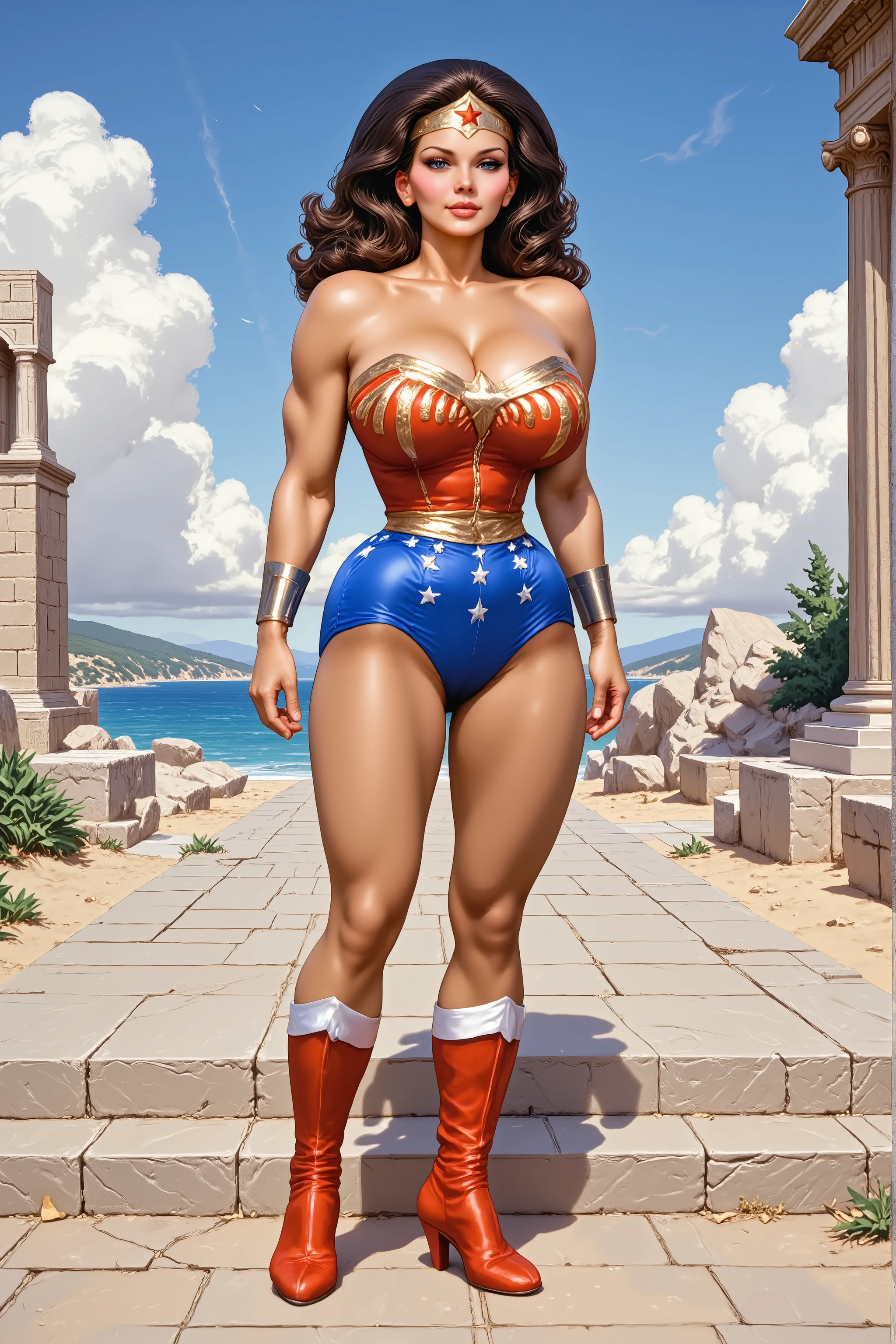 ((oil painting:1.1)) of SEXY LYNDA CARTER AS THE ICONIC 1960 WONDER WOMAN, WEARING A SPANDEX WONDER WOMAN COSTUME, SPANDEX PATRIOTIC BLUE shorts. , RED WONDER WOMAN BOOTS. CRYSTAL CLEAR ART, CELAN CRISP ART, 4K, 8K, MILLIONS OF TEXTURES, heroic pose, bubble butt, big round ass, at an old greek temple near a sea, low side angle, ass focus, narrow waist, fit bimbo body, from the side , looking tonthe viewer over her shoulder, artgerm