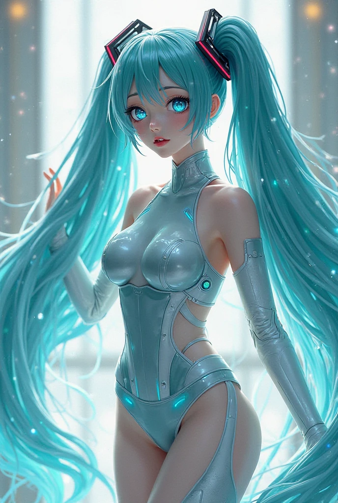 (quality)), ((masterpiece)), Recommended results、Puffy nipples、(see through:1.5)、straighten your back、abdominal muscles、huge bust、angle to floor:1.2、low camera angle、Hair loss on crotch,Hatsune Miku,top quality、顶级图像quality、masterpiece、、The broken cyber suit glows white,、blue energy source on chest,best bust、Bust 90、light blue shiny hair、long hair,Internet skirt、teal eyes、open your mind、A slender one,high quality、beautiful art)、Well-designed、visual art、white ceramic skin