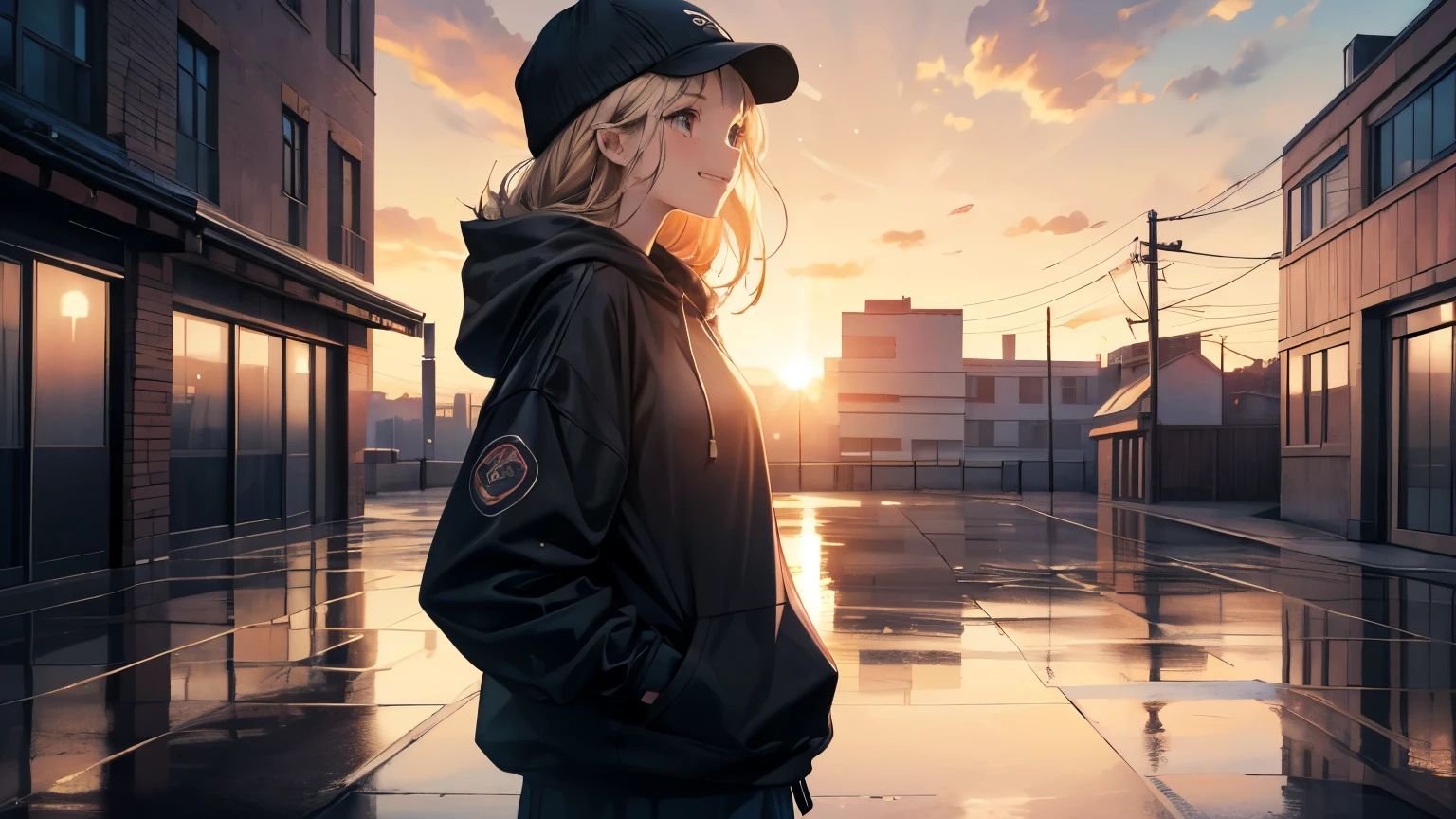 cinematic artwork of a woman walking alone, ( She's looking up :1.3, wearing a hooded sweatshirt, Wearing a sports hat, laughing, holding hands in pockets, PROFESSIONAL IMAGE),  dramatic atmosphere , semi-realistic, [:(perfect face,  expressive face ,expressive eyes):8], detailed texture, Ultra High Resolution, reflections,  low angle, In the sunset, hair that flutters in the wind, Breathtaking, alone, Lonely, Relaxed Atmosphere, cozy, ( feeling),  gorgeous sky , Dynamic Angle, wet floor . volumetric clouds, upper body shot, 8k, masterpiece, アニメのmasterpiece, wallpaper,  AWARD WINNER  ,