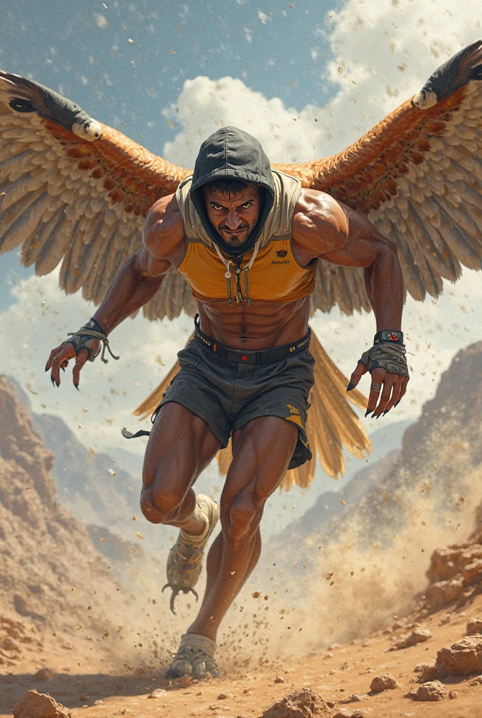A topless handsome man with angel like wings on his back is standing with determination even after defeat and struggle, left handed wing is broken and damaged, Sexy natural wavy hair, TB Choi Art style, hicham habchi Art style, Jason chan Art style, Artstation, CG, Game art Style, Cinematic, Hyper realistic, Dramatic Light mood, Warm light, stubble beard, (absurdres), highres, ultra detailed), tall muscular guy, best ratio four finger and one thumb, best light and shadow, background is void space, detailed sunlight, dappled sunlight, day, depth of field, summer, (dutch angle)