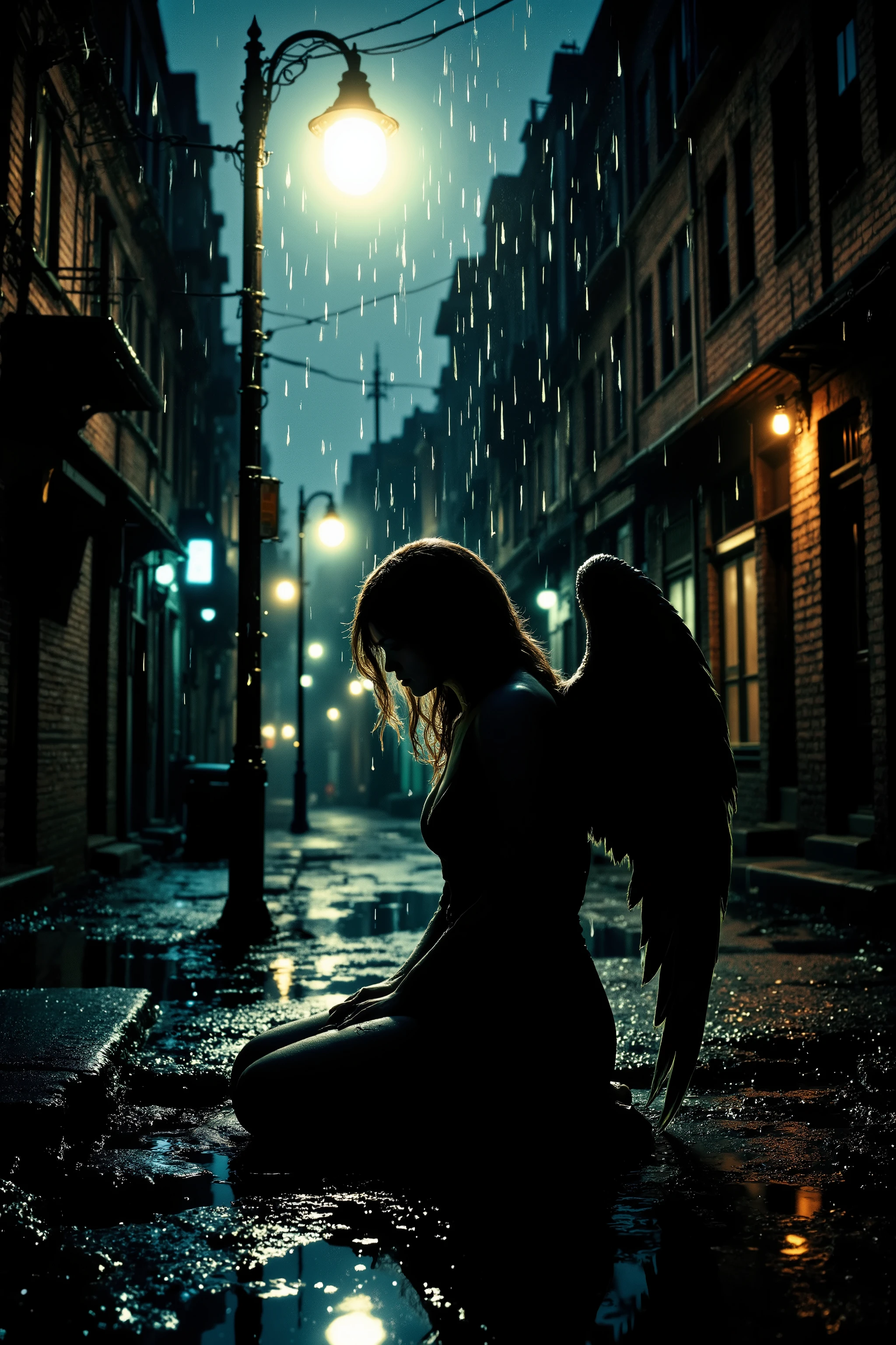 A hyper-realistic depiction of a solitary silhouette of a female angel sitting beneath a single streetlight on a wet urban street at night. The streetlight is the only visible light source, casting a strong glow that makes her silhouette sharp and well-defined against the richly detailed surroundings. She sits with a sorrowful posture, her wings slightly drooped, radiating a sense of loneliness and melancholy. Heavy rain falls, with individual raindrops visible as they catch the light. The wet asphalt and deep puddles reflect the streetlight, creating shimmering distortions and adding depth to the scene. The cityscape around her is fully formed—aged brick buildings shrouded in darkness, barely visible details in the shadows, and distant alleyways fading into the night. The atmosphere is cinematic and moody, with a dramatic contrast between the shadowy figure and the vivid textures of rain-soaked surfaces.
Created Using: hyper-realistic texture mapping, cinematic lighting contrasts, dynamic reflections, atmospheric rain effects, wet surface details, deep depth of field, and impressionistic light diffusion. HD quality, natural look.