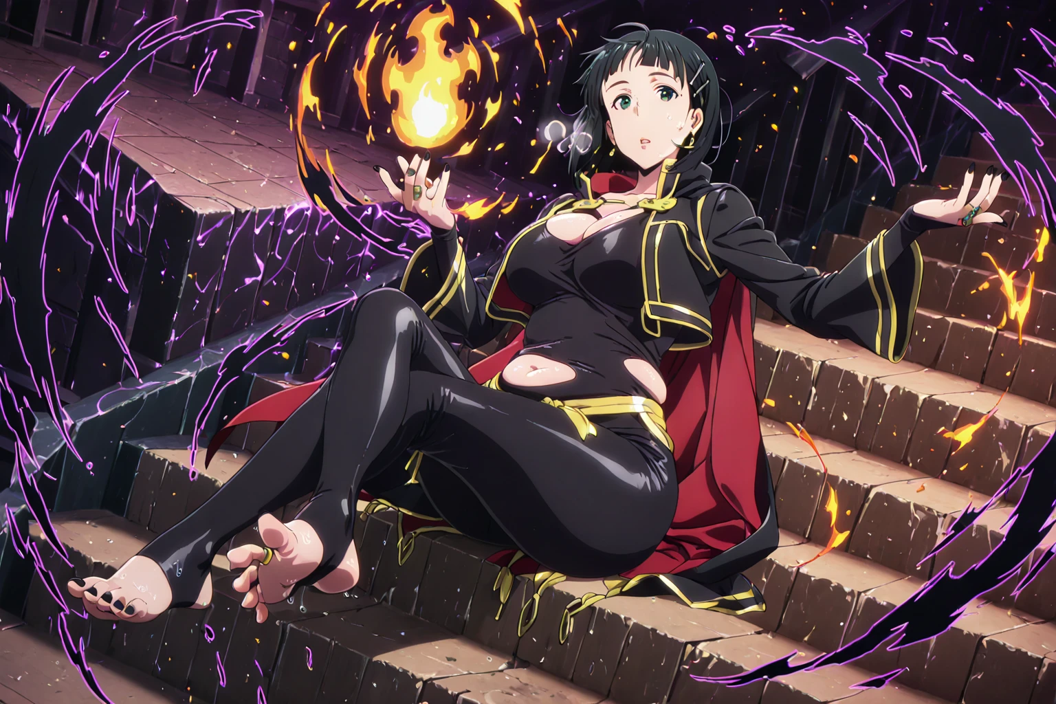 anime coloring, anime screencap, anime-style, detailed background, masterpiece, high quality, absurdres, best quality, very aesthetic, newest, dynamic composition, anatomical correct, HD, 4K, digital art, trending on ArtStation, perfect body, perfect eyes, perfect fingers, gasping, heavy breathing, excessive sweating, sweating, sweating profusely, gasping profusely, ((skindentation)), ((voluptuous)), suguha kirigaya, short hair, (black hair:1.3), hair ornament, hairclip, green eyes, mature female, bright pupils, (flabby stomach), plump, 1girl, breasts, toes, stirrup legwear, toeless legwear, feet, solo, jewelry, toenails, earrings, nail polish, fire, sitting, ahoge, soles, toenail polish, black nails, legs, stairs, toe ring, long sleeves, no shoes, full body, magic, cleavage, gold trim, parted lips, jacket, bodysuit, foot focus, looking at viewer, bridal legwear, foreshortening, barefoot, leggings, thighs, pants, clothing cutout, spread toes, crossed legs, black bodysuit, sitting on stairs, open mouth, wide sleeves, black pants, eyelashes, pyrokinesis, black jacket, fingernails, hands up, ring, cropped jacket, (aura:1.2), (black aura), cape