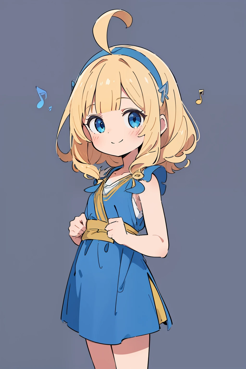 (high-quality, breathtaking),(expressive eyes, perfect face) 1girl, girl, solo, young , blonde hair, blue coloured eyes, stylised hair, gentle smile, medium length hair, loose hair, side bangs, curley hair, really spiky hair, spiked up hair, looking at viewer, portrait, ancient greek clothes, blue black and white tunic, white Chlamys, sleeveless, greek, blue and gold sash, music inspired background, , 36½ inches tall, chibi art style, related to Orpheus, symmetrical eyes