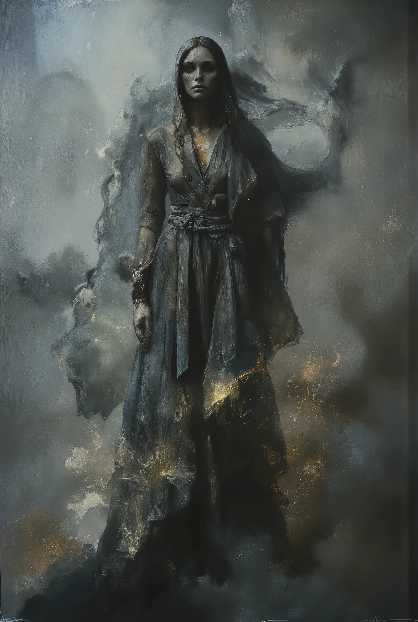 A hauntingly beautiful comic book illustration by Greg Rutkowski. A captivating woman, shrouded in mystery, stands amidst a swirling fog, her velvety abyss-like form seemingly absorbing the surrounding light. Her enigmatic presence radiates an aura of foreboding and intrigue, drawing the viewer in with its dark allure. Chiaroscuro techniques emphasize textures and dimensions. Impasto effects add tactile depth to the subject's worn features. Faded yet powerful, this 8K masterpiece by a master artist (think Will Eisner or Katsushiro Otomo) commands attention with its ultrasharp focus.