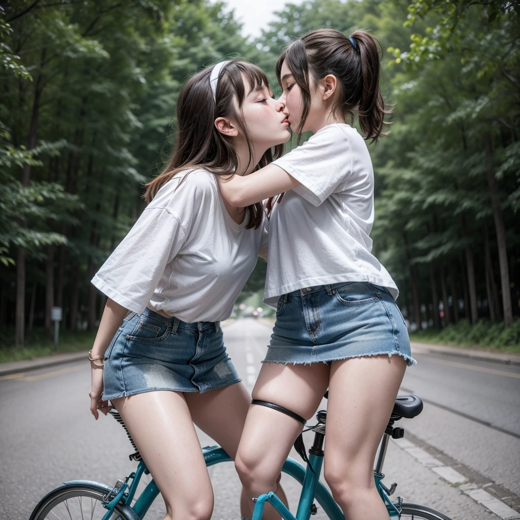 Naked cute girls lesbian deep kiss, tongue intertwined, lero lero, riding a bike