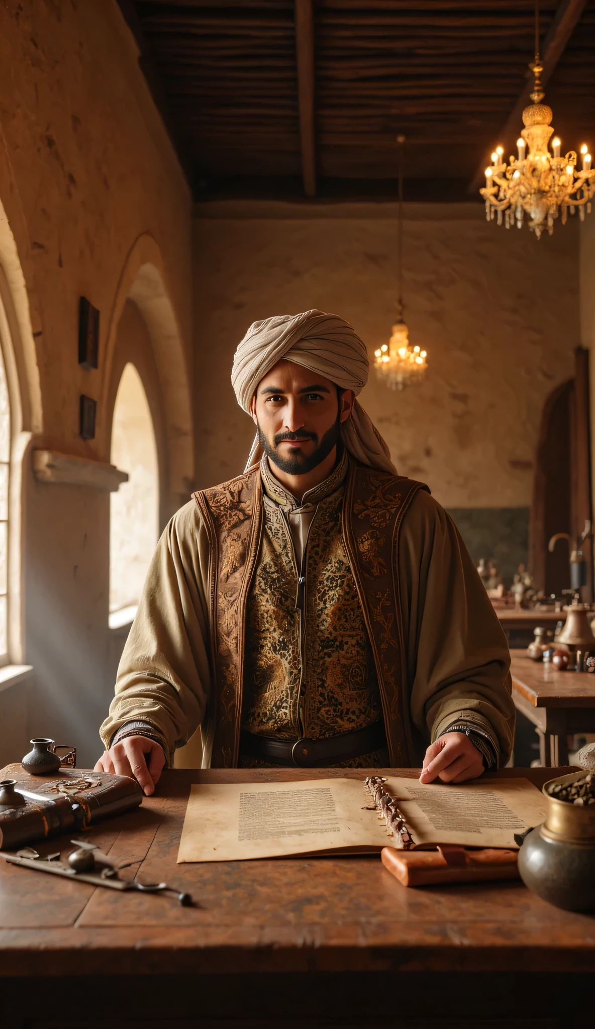 **Prompt:** Imagine a vivid tapestry of medieval medicine within a historic hospital that feels like a gateway to another era. This enchanting space is filled with ancient medical instruments, towering shelves of timeworn herbs, and the soft flicker of candlelight that dances upon the walls, casting enchanting shadows. At the center of this captivating setting sits a distinguished middle-aged Arab physician, whose elaborate embroidered Arabic robe and traditional turban speak volumes about his deep cultural heritage. He is focused intently on a grand, elongated table, which is adorned with scrolls and an array of traditional herbal remedies, meticulously crafting a treatise with his ink brush. The golden hour light filters through tall, arched windows, illuminating his face as he bears a welcoming smile that echoes the charm of a blend between Tom Hardy, Tom Hanks, and Liam Neeson. The background is a treasure trove of historical medical tools, each whispering the wisdom of the past and hinting at the scientific wonders once discovered within these walls. Render this scene with hyperrealistic detail and medium-angle perspective, highlighting the rich textures of the wooden beams and leather-bound volumes compared to the gentle features of the physician. Utilize depth of field techniques to enhance the inviting ambiance, beckoning the viewer to delve into this realm of medical discovery and timeless knowledge. Create a visual narrative that embodies the serene, awe-inspiring atmosphere of this ancient sanctuary, reminiscent of a documentary, capturing the spirit of inquiry and the legacy of healing arts.