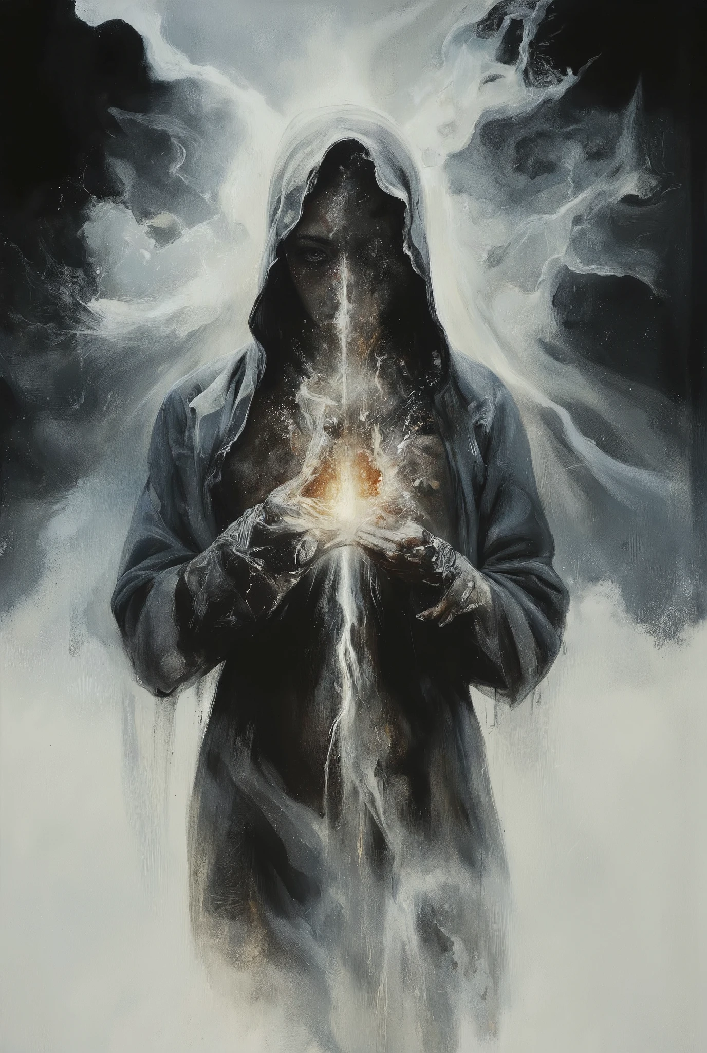 A hauntingly beautiful comic book illustration by Greg Rutkowski. A captivating woman, shrouded in mystery, stands amidst a swirling fog, her velvety abyss-like form seemingly absorbing the surrounding light. Her enigmatic presence radiates an aura of foreboding and intrigue, drawing the viewer in with its dark allure. Chiaroscuro techniques emphasize textures and dimensions. Impasto effects add tactile depth to the subject's worn features. Faded yet powerful, this 8K masterpiece by a master artist (think Will Eisner or Katsushiro Otomo) commands attention with its ultrasharp focus.