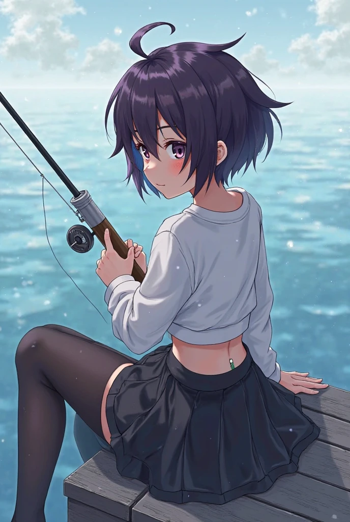 Top quality、（High school girls fishing、Sitting on the embankment，holding fishing rod）、Sitting on the embankment，Legs facing the sea、Black short hair、After sunburn、t-shirt、Side Angle、seaside、There is a small bucket next to it.