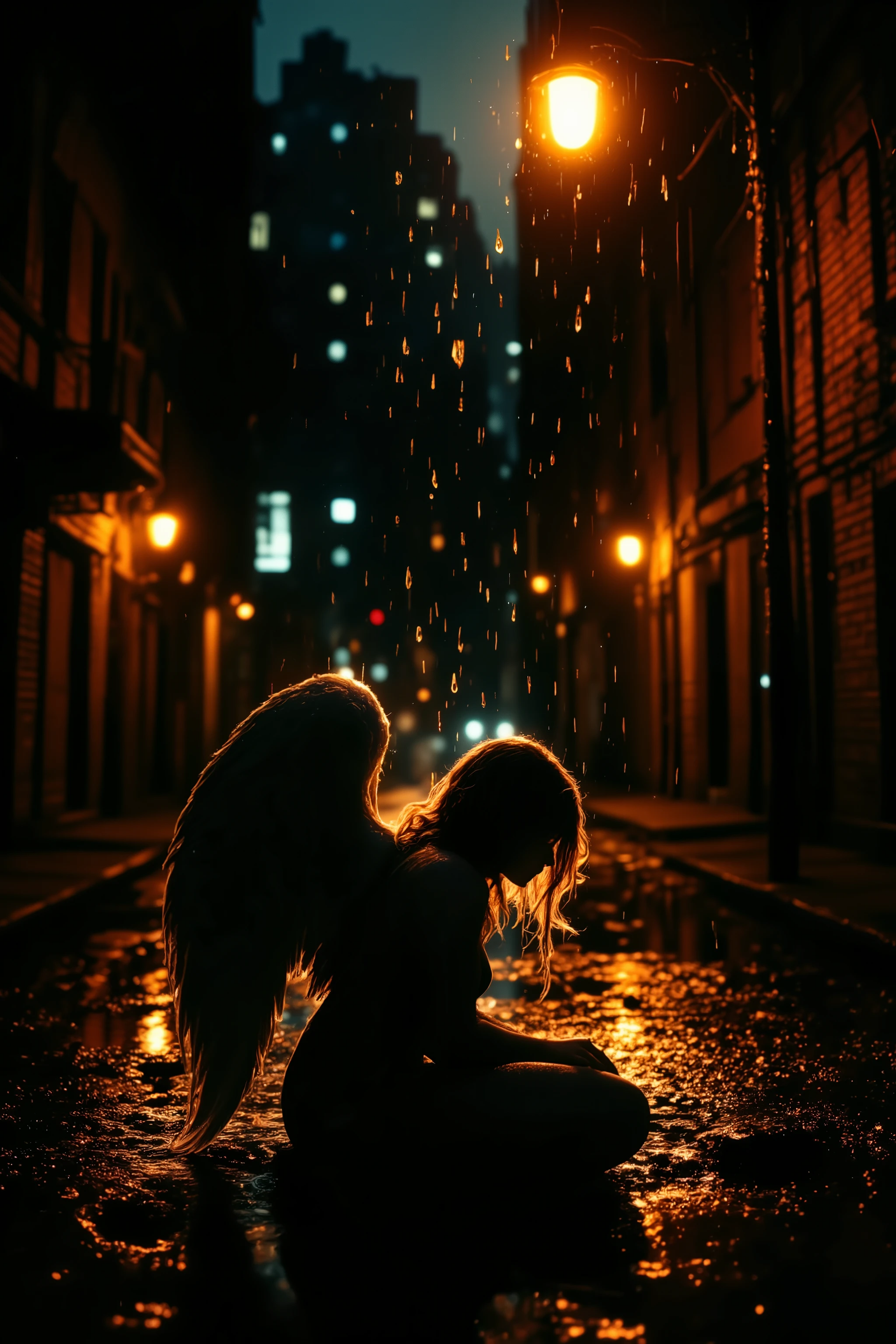 A hyper-realistic depiction of a solitary silhouette of a female angel sitting beneath a single streetlight on a wet urban street at night. The streetlight is the only visible light source, casting a strong glow that makes her silhouette sharp and well-defined against the richly detailed surroundings. She sits with a sorrowful posture, her wings slightly drooped, radiating a sense of loneliness and melancholy. Heavy rain falls, with individual raindrops visible as they catch the light. The wet asphalt and deep puddles reflect the streetlight, creating shimmering distortions and adding depth to the scene. The cityscape around her is fully formed—aged brick buildings shrouded in darkness, barely visible details in the shadows, and distant alleyways fading into the night. The atmosphere is cinematic and moody, with a dramatic contrast between the shadowy figure and the vivid textures of rain-soaked surfaces.
Created Using: hyper-realistic texture mapping, cinematic lighting contrasts, dynamic reflections, atmospheric rain effects, wet surface details, deep depth of field, and impressionistic light diffusion. HD quality, natural look.