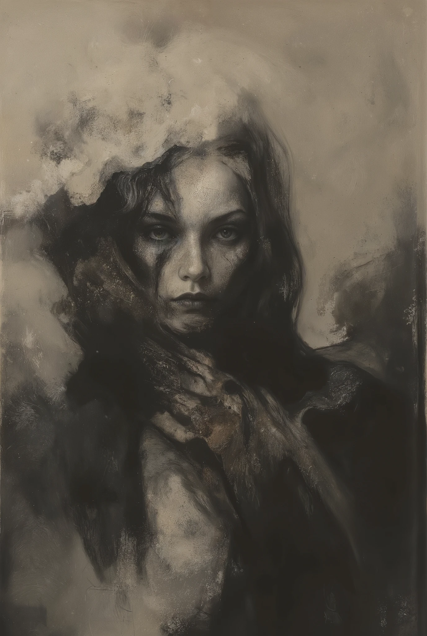 A hauntingly beautiful comic book illustration by Greg Rutkowski. A captivating woman, shrouded in mystery, stands amidst a swirling fog, her velvety abyss-like form seemingly absorbing the surrounding light. Her enigmatic presence radiates an aura of foreboding and intrigue, drawing the viewer in with its dark allure. Chiaroscuro techniques emphasize textures and dimensions. Impasto effects add tactile depth to the subject's worn features. Faded yet powerful, this 8K masterpiece by a master artist (think Will Eisner or Katsushiro Otomo) commands attention with its ultrasharp focus.