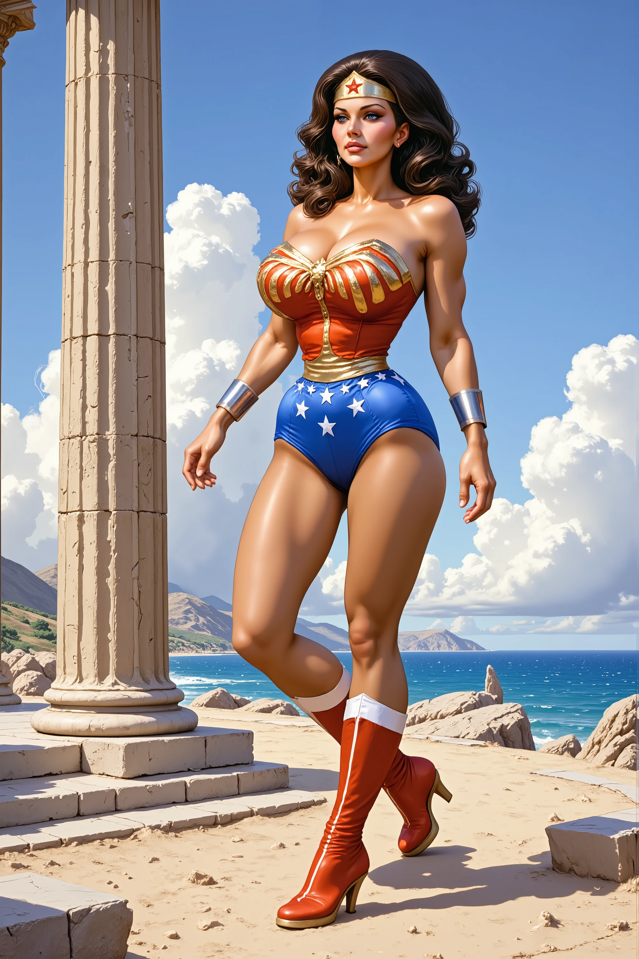 ((oil painting:1.1)) of SEXY LYNDA CARTER AS THE ICONIC 1960 WONDER WOMAN, WEARING A SPANDEX WONDER WOMAN COSTUME, SPANDEX PATRIOTIC BLUE shorts. , RED WONDER WOMAN BOOTS. CRYSTAL CLEAR ART, CELAN CRISP ART, 4K, 8K, MILLIONS OF TEXTURES, heroic pose, tall long body, at an old greek temple near a sea, low side angle, ass focus, narrow waist, fit bimbo body, from the side , looking to the viewer over her shoulder, artgerm