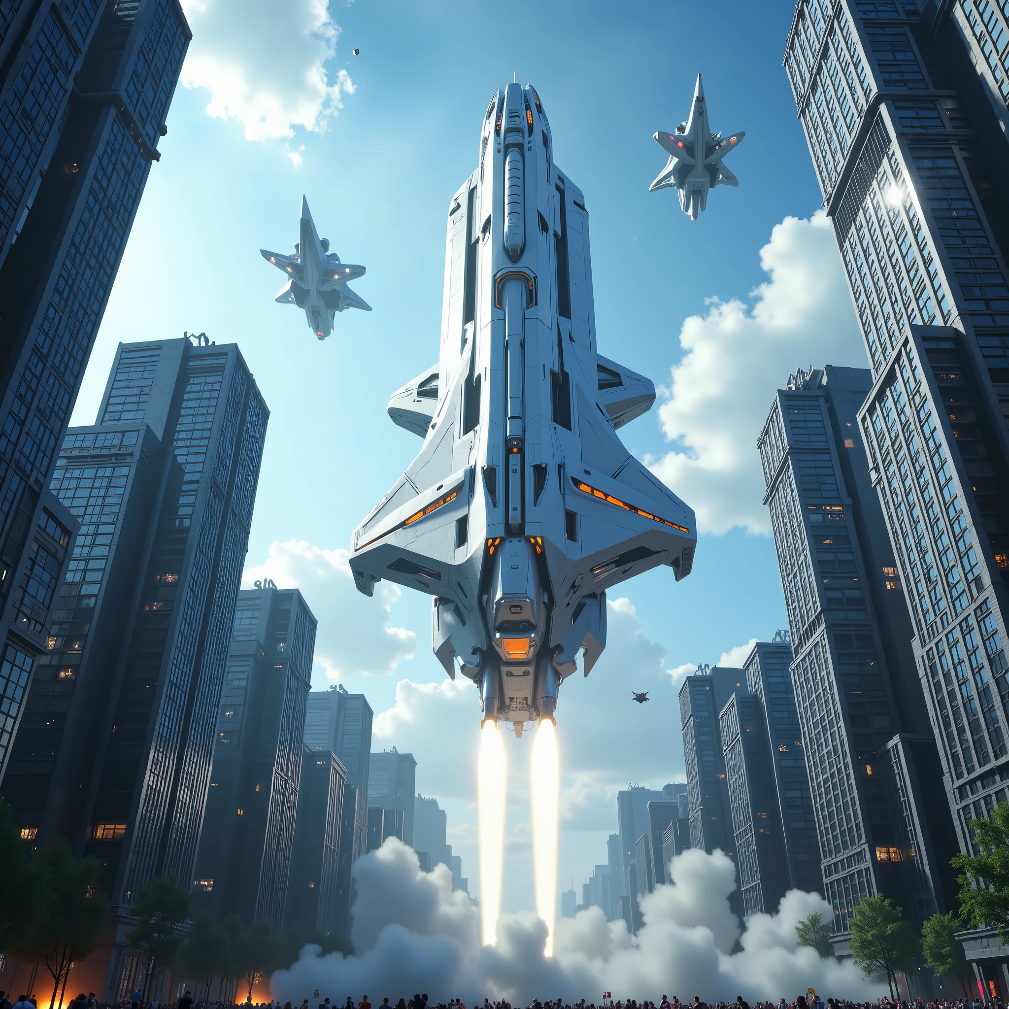 (best quality,4k,8k,highres,masterpiece:1.2), photorealistic,photo-realistic:1.37),highly detailed futuristic cybercity. Skyscrapers with media screens for windows in the full sunlight of a cloudless, crystal clear blue sky. A giant war craft has crashed into a skyscraper, leaving panic and mayhem down below. People running, fires burning, smoke coming from everywhere in the building. Other flying crafts cone down and shoot at the people running from the building. They also shoot at the downed war craft with lazers. Ultra-realistic, photo-realistic, ultra-detailed, insane 3D realism, cinematic photography, cinematic lighting, cinematic portrait, portrait photography, cinematography, full focus, UHDR, hyperrealistic, visually disorienting, optical illusions, startling, violence, panic, stunning images, awe-inspiringly, surrealism, etheral, futuristic, cyberpunk cityscape, futurism, highest quality, masterpiece.