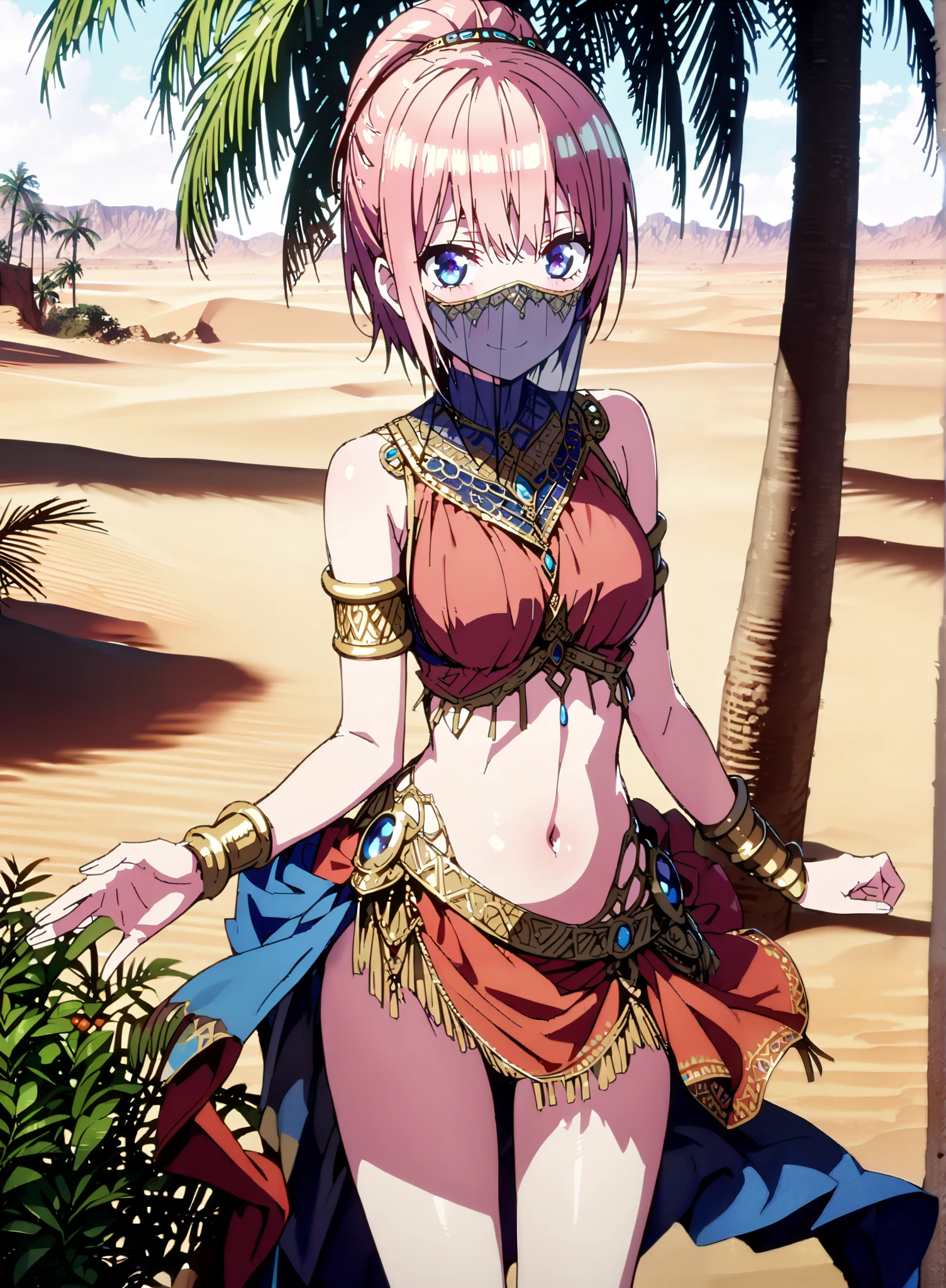 score_9, score_8_up, score_7_up, source_anime, Nakano Ichika, short hair, Alone,bangs, blue eyes, o, pink hair near MM, smile,blush,half updo,Big Breasts,Chest Valley,Arabian clothing, dancer , mouth Veil, belly Dancing, Veil, armlet, Bare legs,is standing,palm tree,full bodyがillustrationsに入るように,break outdoors, desert, oasis,
break looking at viewer,full body,
break (masterpiece:1.2), Best Quality, High Resolution, Unity 8K Wallpaper , (illustrations:0.8), (Beautiful Detailed Eyes:1.6), very detailed face, perfect lighting, highly detailed CG, (perfect hands, perfect anatomy),