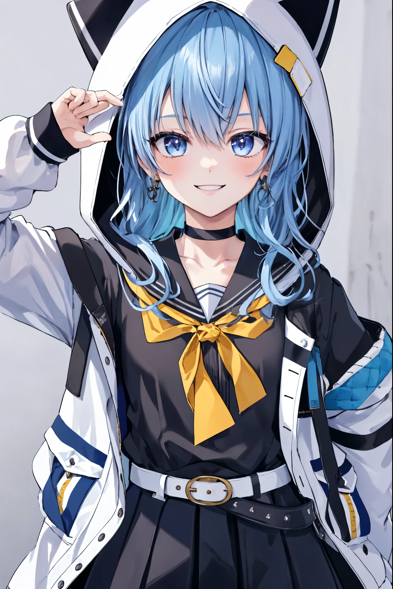 1girl, solo, detailed face,SuiseiSchool, long hair, black serafuku, black shirt, black choker, yellow bowtie, grey belt, black skirt, white jacket, hood up, cat hood, open jacket,smile,.