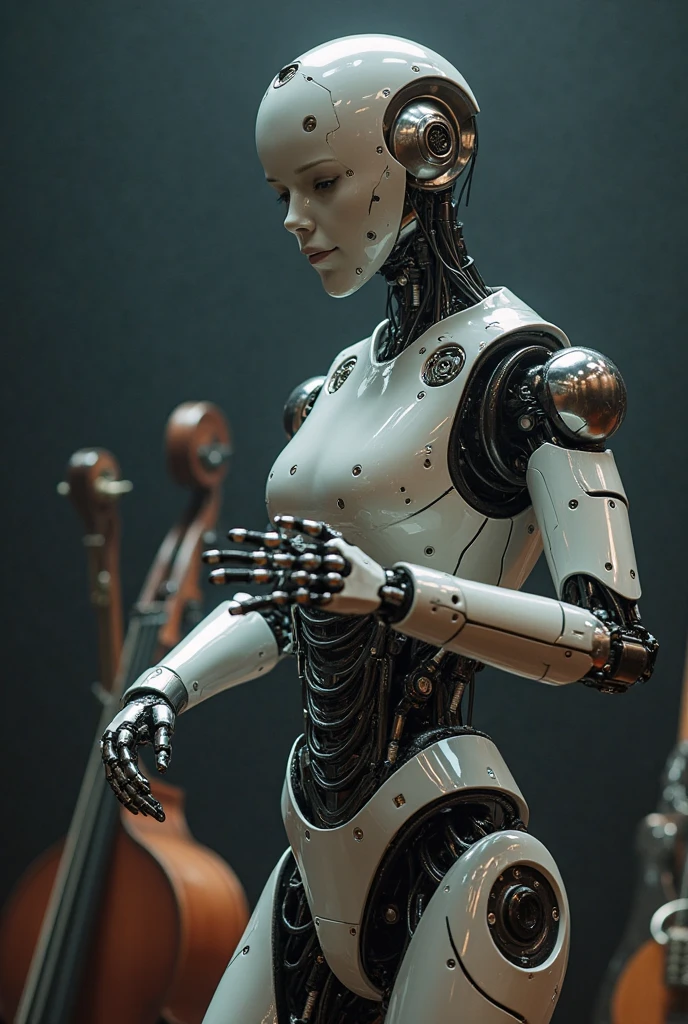 (masterpiece:1.2,Exceptional Quality,mirror-like,Cinematic Experience,Photorealistic:2.0,RAW Photos:2.0,Super detailed),8k,wallpaper,(Representing blueprints through holograms:2.0),(Beautiful woman:2.0),Female Cyborg, playing violin, (Design of a Female Cyborg:2.0),(Draw the front view:2.0),(Avant-garde design:2.0),(Drawing detailed blueprints:2.0),(Numerous notes about the settings:2.0),(Beautiful Face,Beautiful Eyes,Beautiful Hair)