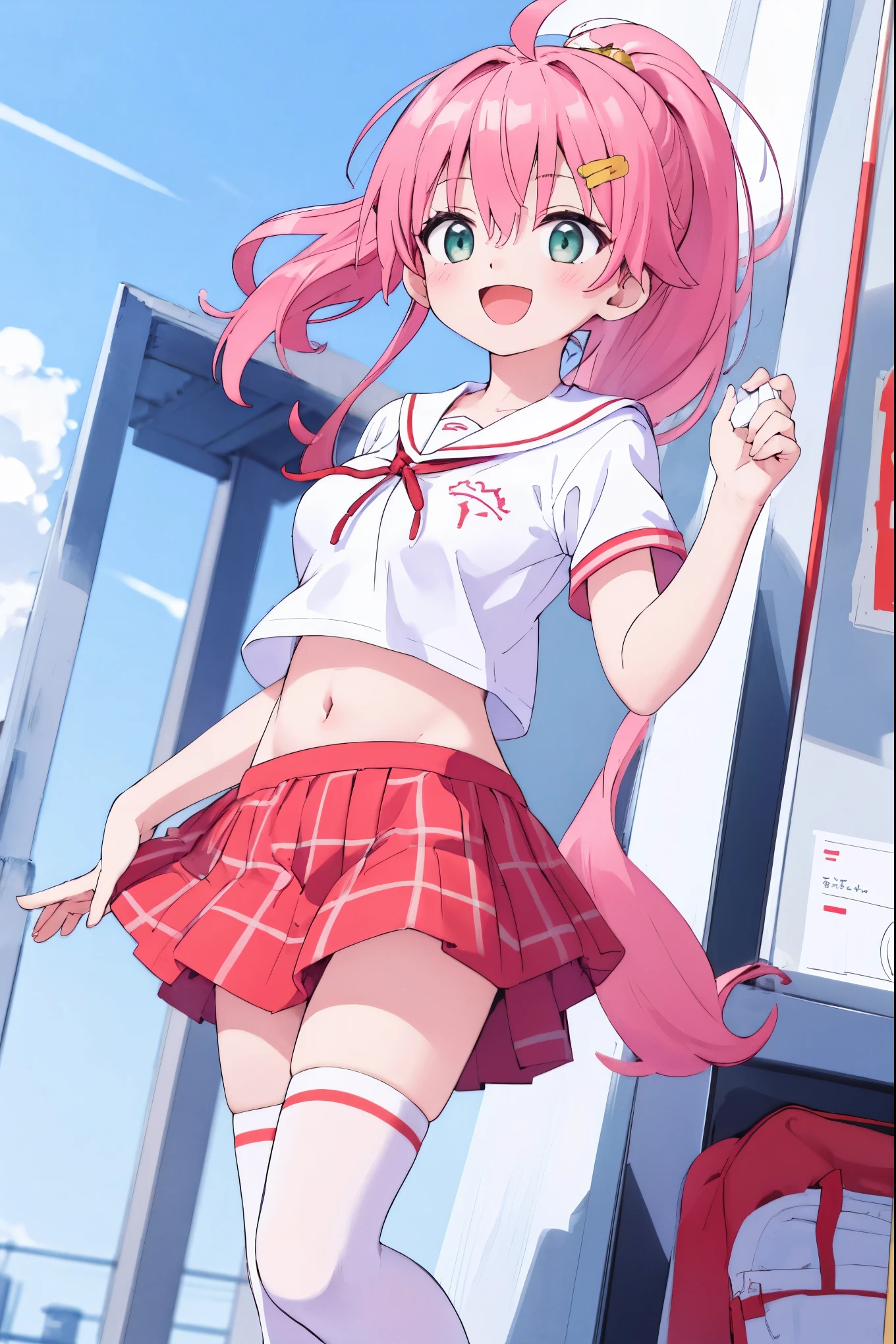 masterpiece, best quality, 1 _girl, solo, MikoSchool,ahoge,pink_hair,(short_ponytail:1.3), hairclip, white shirt, sailor_collar, pink_skirt, plaid, white_thighhighs, short_sleeves, looking through legs,big_smile,large_breasts,midriff,happy, excited,open_mouth,large_droopy_eyes