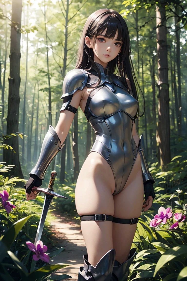 A beautiful girl in armor standing on a path near a lake, hxarmour, 1 girl, armour, (black armour:1.3), mountain, walking, big rounds breasts, intimidating look, glossy lips, dark brown hair, long bangs, long hair, ponytail, wavy hair, expressive hair, shiny hair, hairclip, glowing eyes, pupils sparkling, earrings, fangs, serious, red lips, aqua eyes, high detail, anime, Carl Larsson, anime style, depth of field, cinematic lighting, dithering, image fill, wide shot, perspective, panorama, Wide-Angle, f/1.8, 85mm, Nikon, UHD, retina, masterpiece, accurate, anatomically correct, textured skin, high details, best quality, highres, 16k