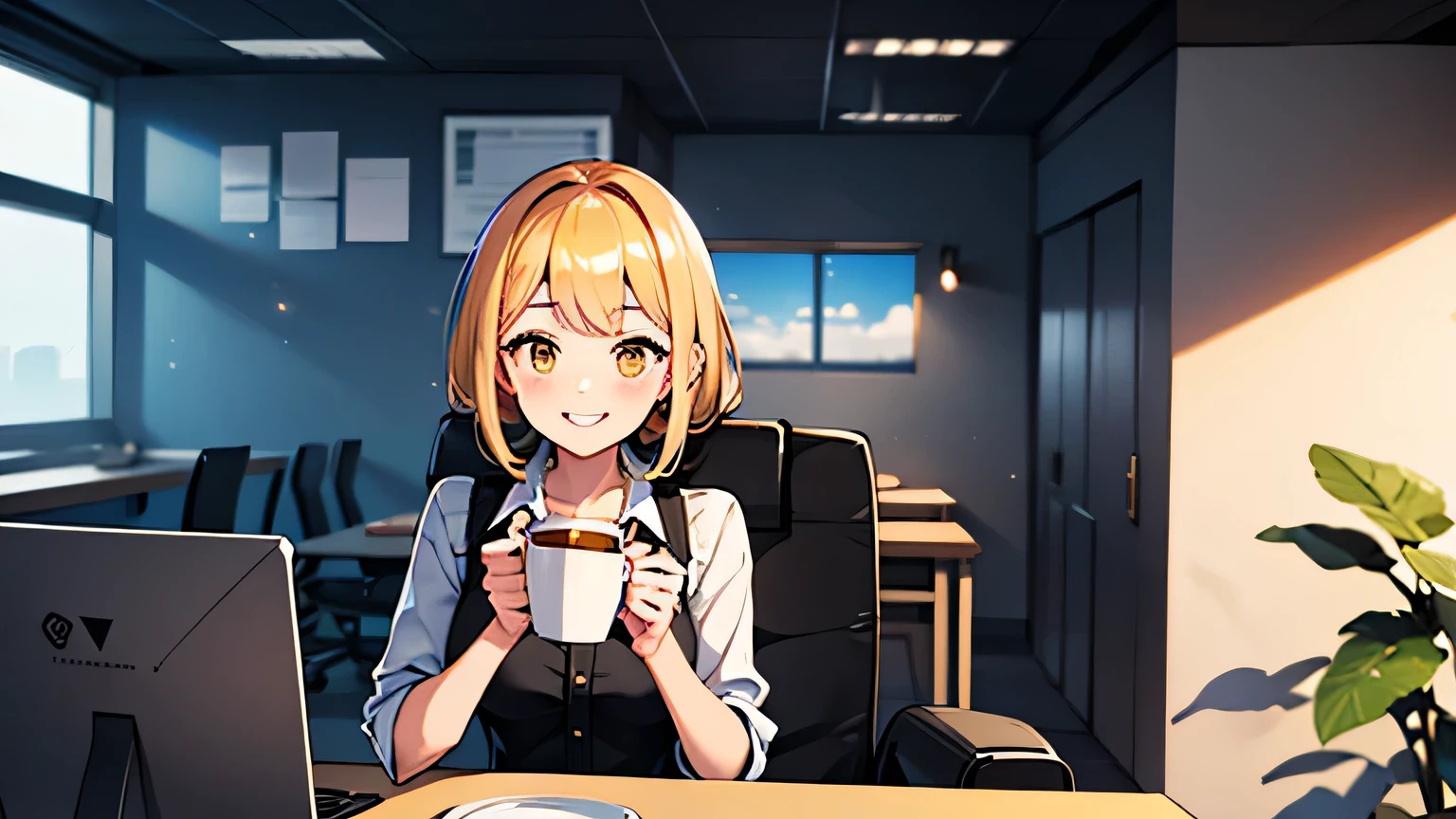 a royal girl drink coffe at office, smile, blue and yellow dominant colors