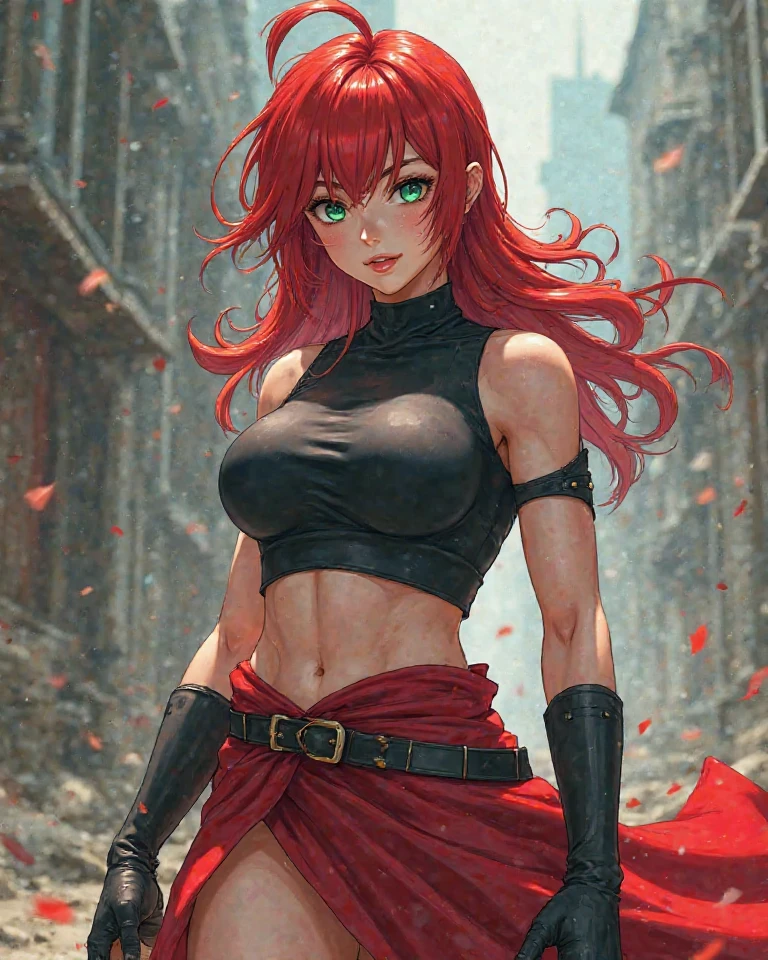 Une fille d'environs 1m60 qui q les cheveux long lisse et rouge sang,elle a des lèvres très rouges et des yeux bleus turquoise.  Elle a des cicatrices sur toutes la surface de ses bras et de ces jambes, je veux quelle soit faite dans le style de my hero academia 

