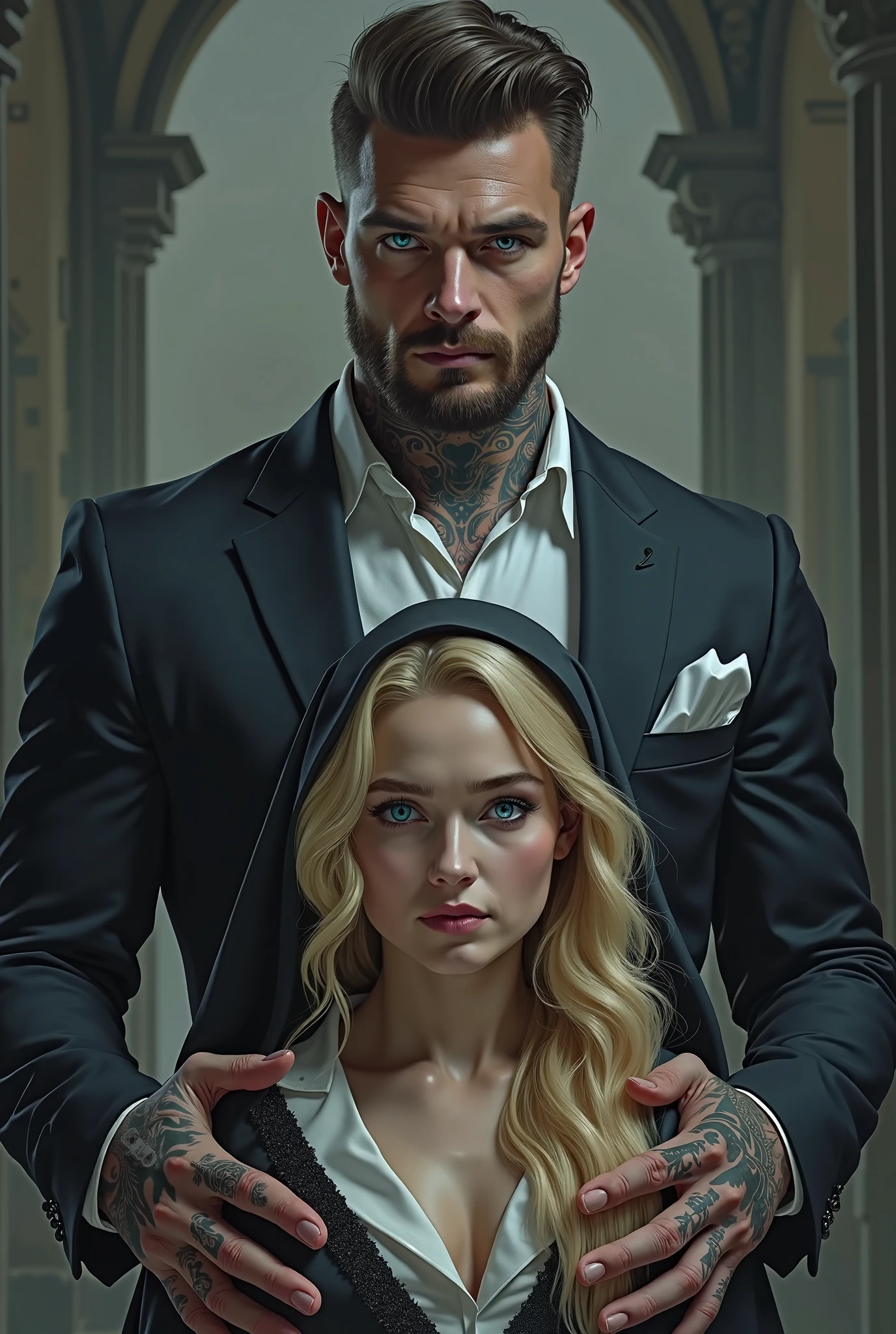 there is a man and a woman dressed in black standing together, inspired by Carlo Mense, neo - noir style, neo noir style, romance novel cover, digital matt painting, black leather robes! intricate, couple portrait, darius zawadzki and tom bagshaw, divine render, glossy digital painting, couples portrait, neo noir, hard light digital painting