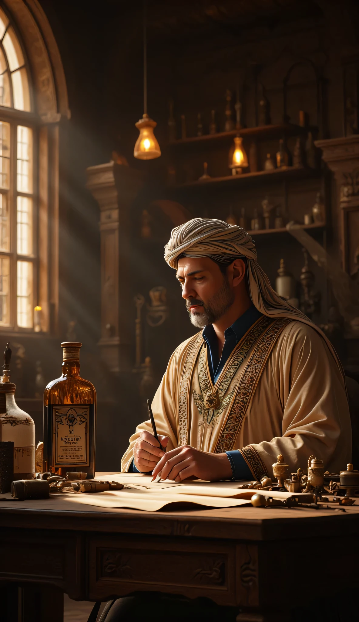 **Prompt:** Imagine a vivid tapestry of medieval medicine within a historic hospital that feels like a gateway to another era. This enchanting space is filled with ancient medical instruments, towering shelves of timeworn drugs and herbs, and the soft flicker of candlelight that dances upon the walls, casting enchanting shadows. At the center of this captivating setting sits a distinguished middle-aged Arab physician, whose elaborate embroidered Arabic robe and traditional turban speak volumes about his deep cultural heritage. He is focused intently on a grand, elongated table, which is adorned with scrolls and an array of traditional herbal remedies, meticulously crafting a treatise with his ink brush. The golden hour light filters through tall, arched windows, illuminating his face as he bears a welcoming smile that echoes the charm of a blend between Tom Hardy, Tom Hanks, and Liam Neeson. The background is a treasure trove of historical medical tools, each whispering the wisdom of the past and hinting at the scientific wonders once discovered within these walls. Render this scene with hyperrealistic detail and medium-angle perspective, highlighting the rich textures of the wooden beams and leather-bound volumes compared to the gentle features of the physician. Utilize depth of field techniques to enhance the inviting ambiance, beckoning the viewer to delve into this realm of medical discovery and timeless knowledge. Create a visual narrative that embodies the serene, awe-inspiring atmosphere of this ancient sanctuary, reminiscent of a documentary, capturing the spirit of inquiry and the legacy of healing arts.