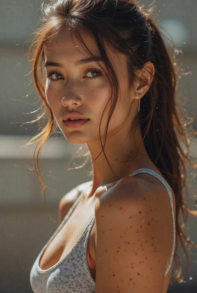 8k, high resolution, masterpiece, ultra-detailed, (cute girl, young, barely legal, tanned skin), (sheer oversized jumpsuit, wide neckline, deep neckline, random color), (cozy cabana, shiny silky sheets, outdoor), (tropical ressort after a swim, wet), (small breasts, small hips, detailed face, long slick ponytail hair, tattoos, thin leather collar), at night, full body shot, view from distance, random pose