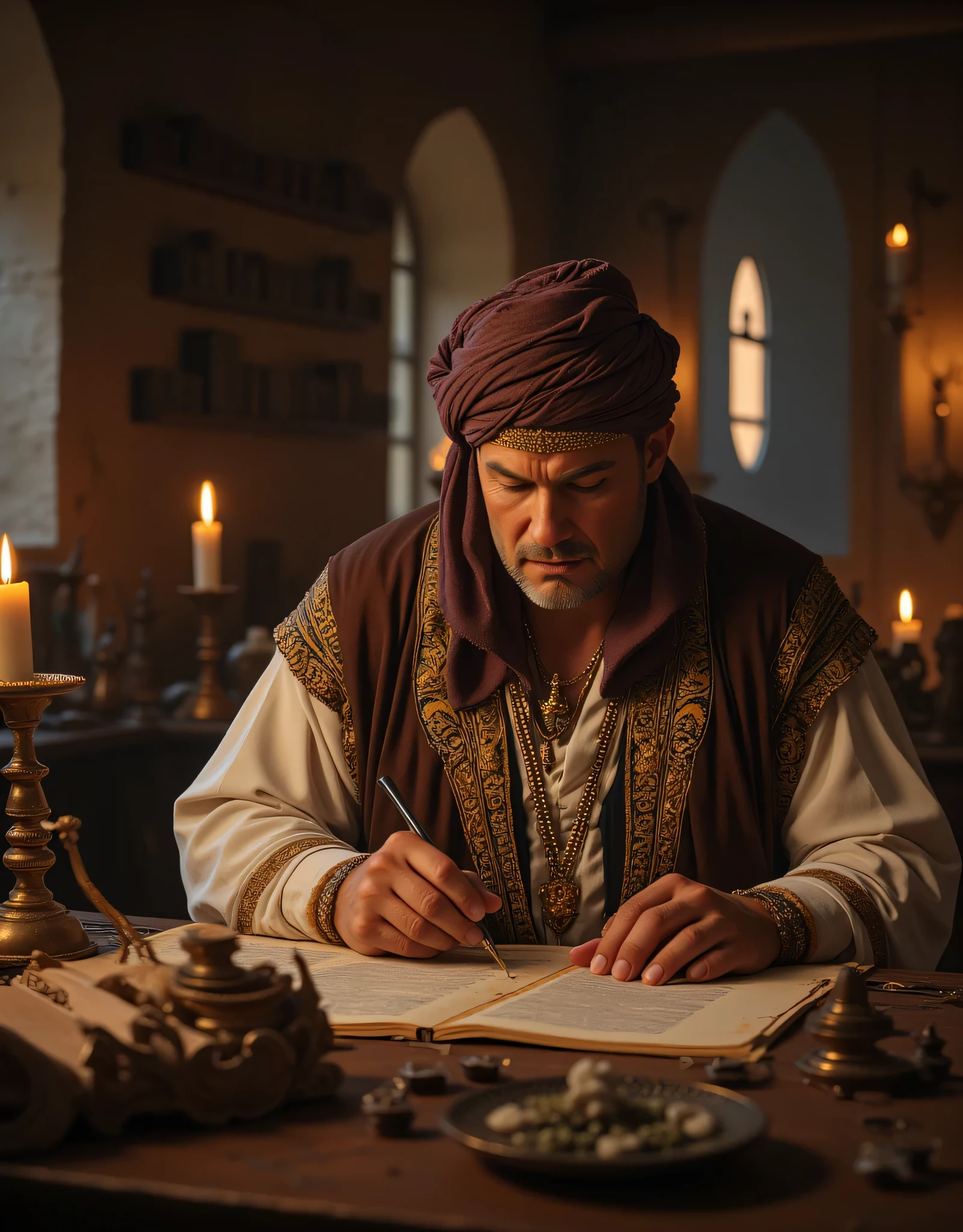 **Prompt:** Imagine a vivid tapestry of medieval medicine within a historic hospital that feels like a gateway to another era. This enchanting space is filled with ancient medical instruments, towering shelves of timeworn drugs and herbs, and the soft flicker of candlelight that dances upon the walls, casting enchanting shadows. At the center of this captivating setting sits a distinguished middle-aged Arab physician, whose elaborate embroidered Arabic robe and traditional turban speak volumes about his deep cultural heritage. He is focused intently on a grand, elongated table, which is adorned with scrolls and an array of traditional herbal remedies, meticulously crafting a treatise with his ink brush. The golden hour light filters through tall, arched windows, illuminating his face as he bears a welcoming smile that echoes the charm of a blend between Tom Hardy, Tom Hanks, and Liam Neeson. The background is a treasure trove of historical medical tools, each whispering the wisdom of the past and hinting at the scientific wonders once discovered within these walls. Render this scene with hyperrealistic detail and medium-angle perspective, highlighting the rich textures of the wooden beams and leather-bound volumes compared to the gentle features of the physician. Utilize depth of field techniques to enhance the inviting ambiance, beckoning the viewer to delve into this realm of medical discovery and timeless knowledge. Create a visual narrative that embodies the serene, awe-inspiring atmosphere of this ancient sanctuary, reminiscent of a documentary, capturing the spirit of inquiry and the legacy of healing arts.