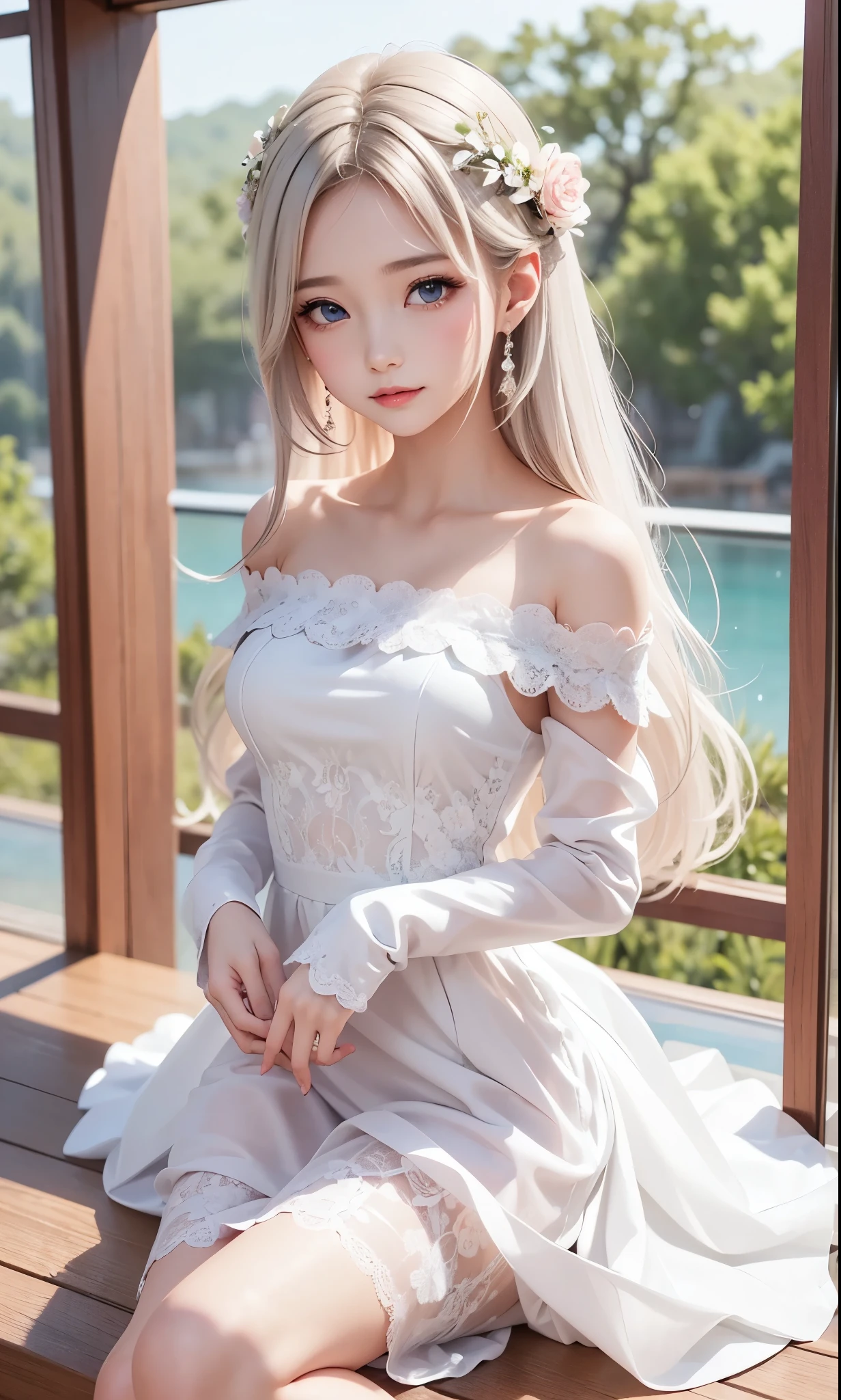 There is a woman in a white dress, artwork in the style of Gwaiz, Gwaiz on pixiv artstation, Gwaiz on artstation pixiv, Gwaiz, Fantasy art style, Gwaiz masterpiece, Beautiful and elegant queen, Beautiful character drawings, Detailed digital anime art, Blonde Princess, Gray Hair, Sky blue eyes, Pink Lips, off shoulder frill and lace dress , see through dress. reika